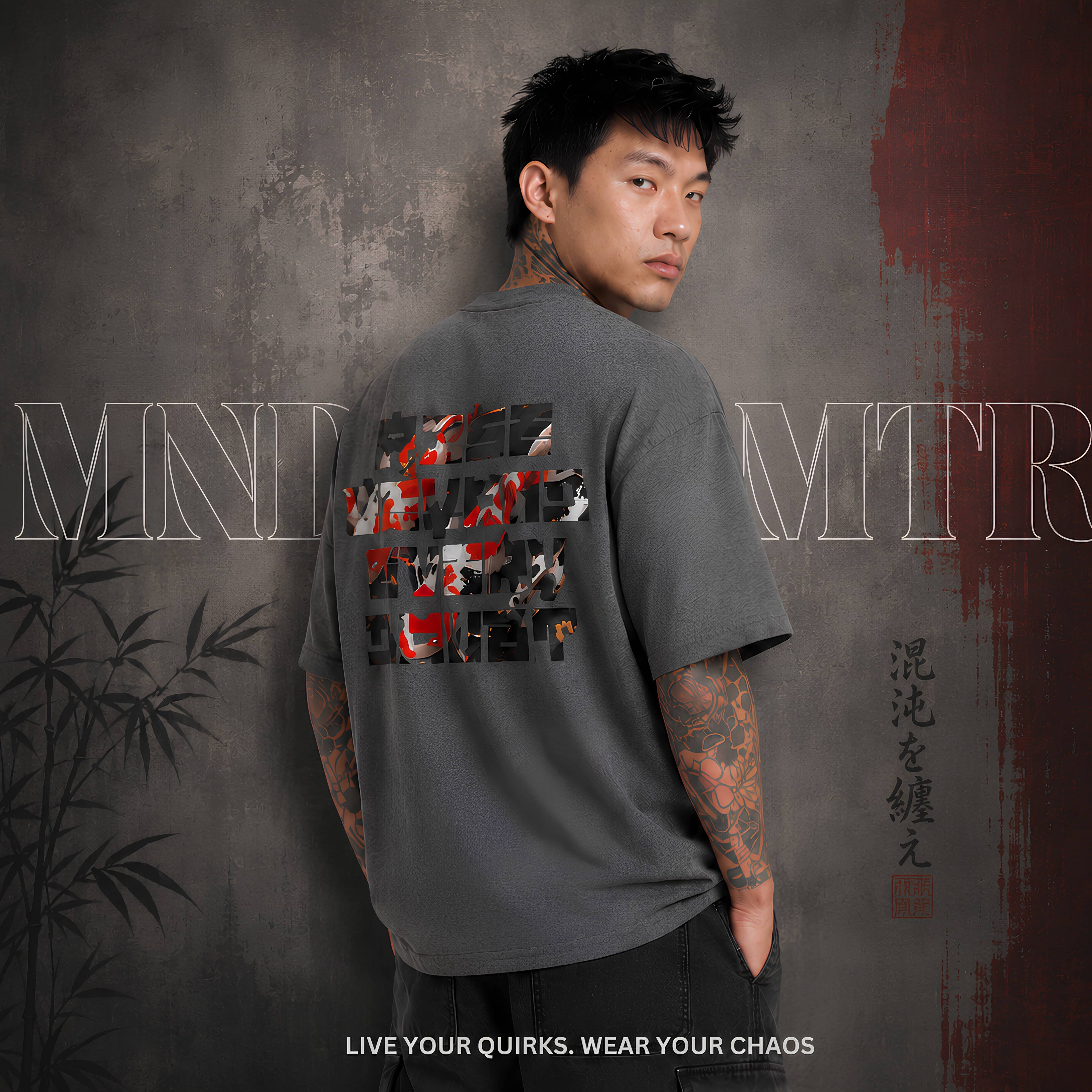 A gorgeous man, wearing a japanese graphic inspired cotton unisex shirt 