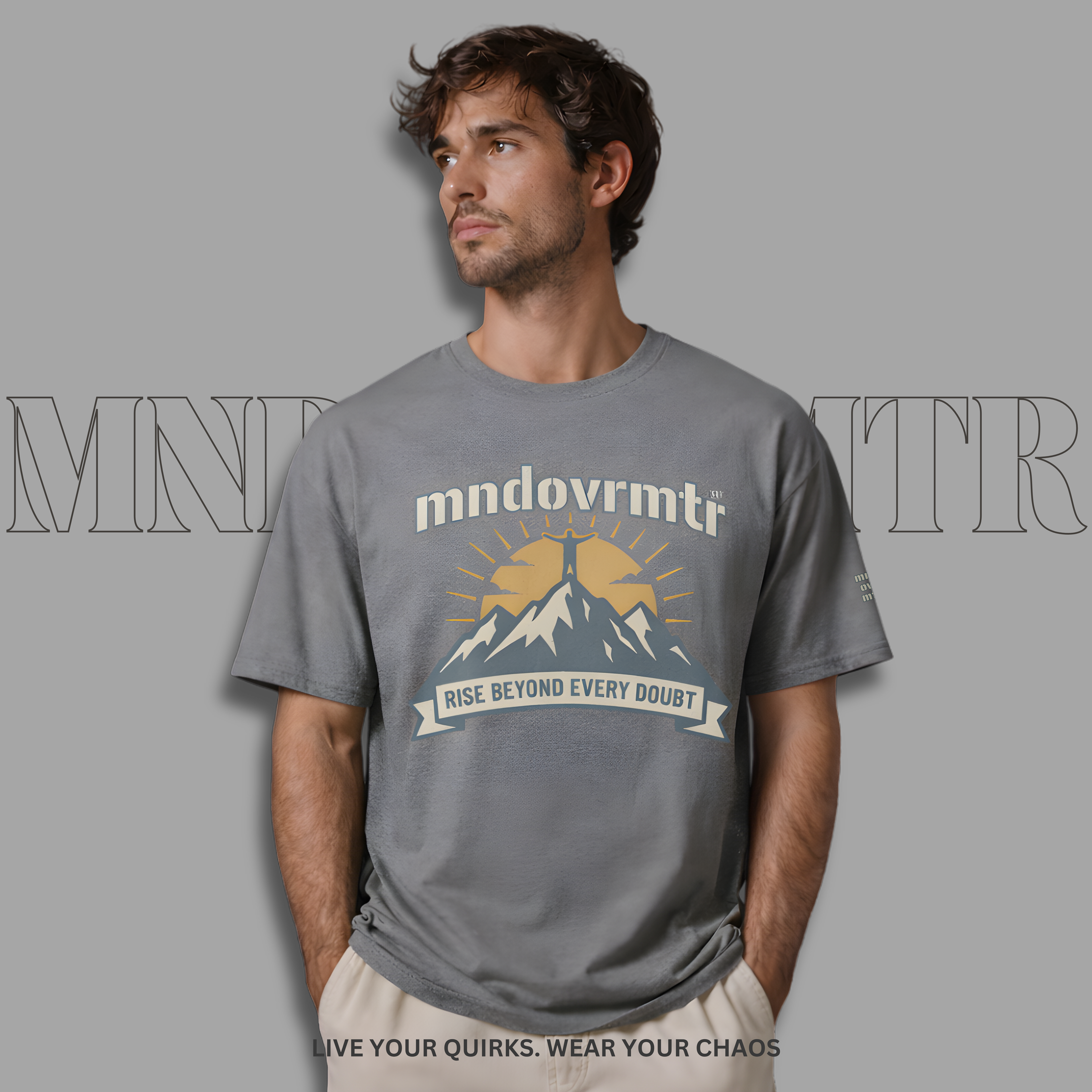 MNDOVRMTR™ mountain summit t-shirt in grey - mountain graphic streetwear tee