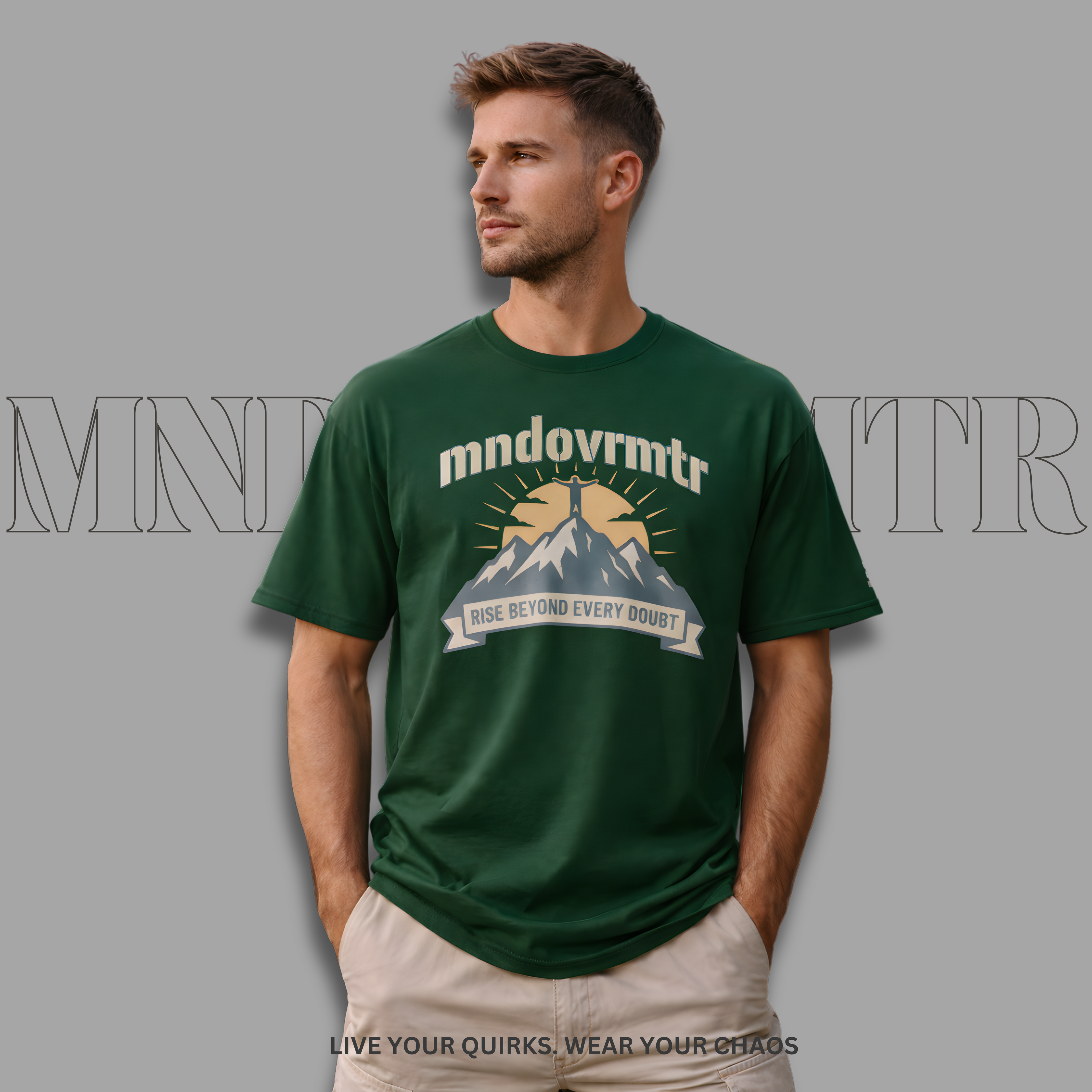 MNDOVRMTR™ mountain summit t-shirt in green - mountain graphic detail, streetwear tee