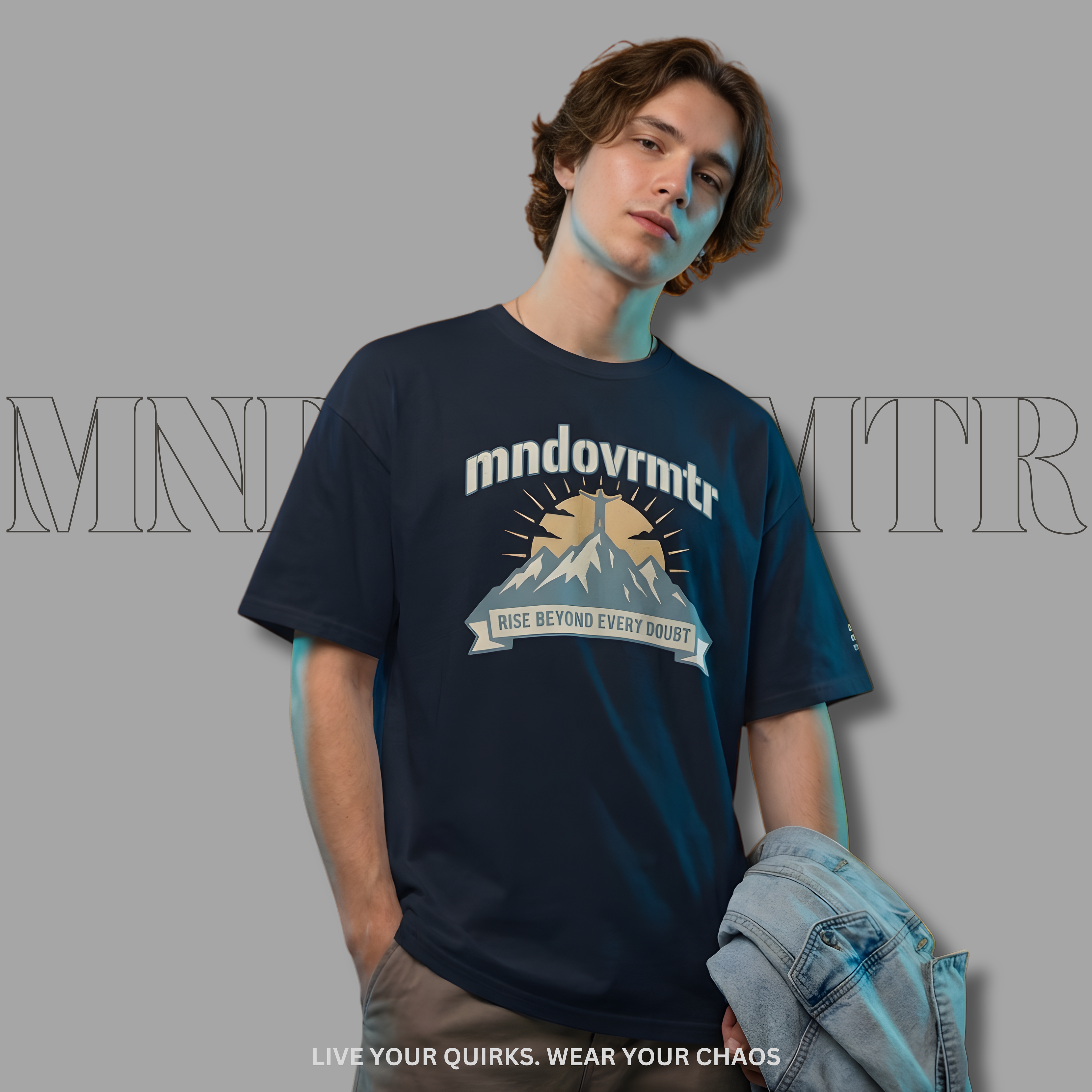 MNDOVRMTR™ mountain summit t-shirt in navy - motivational outdoor graphic tee