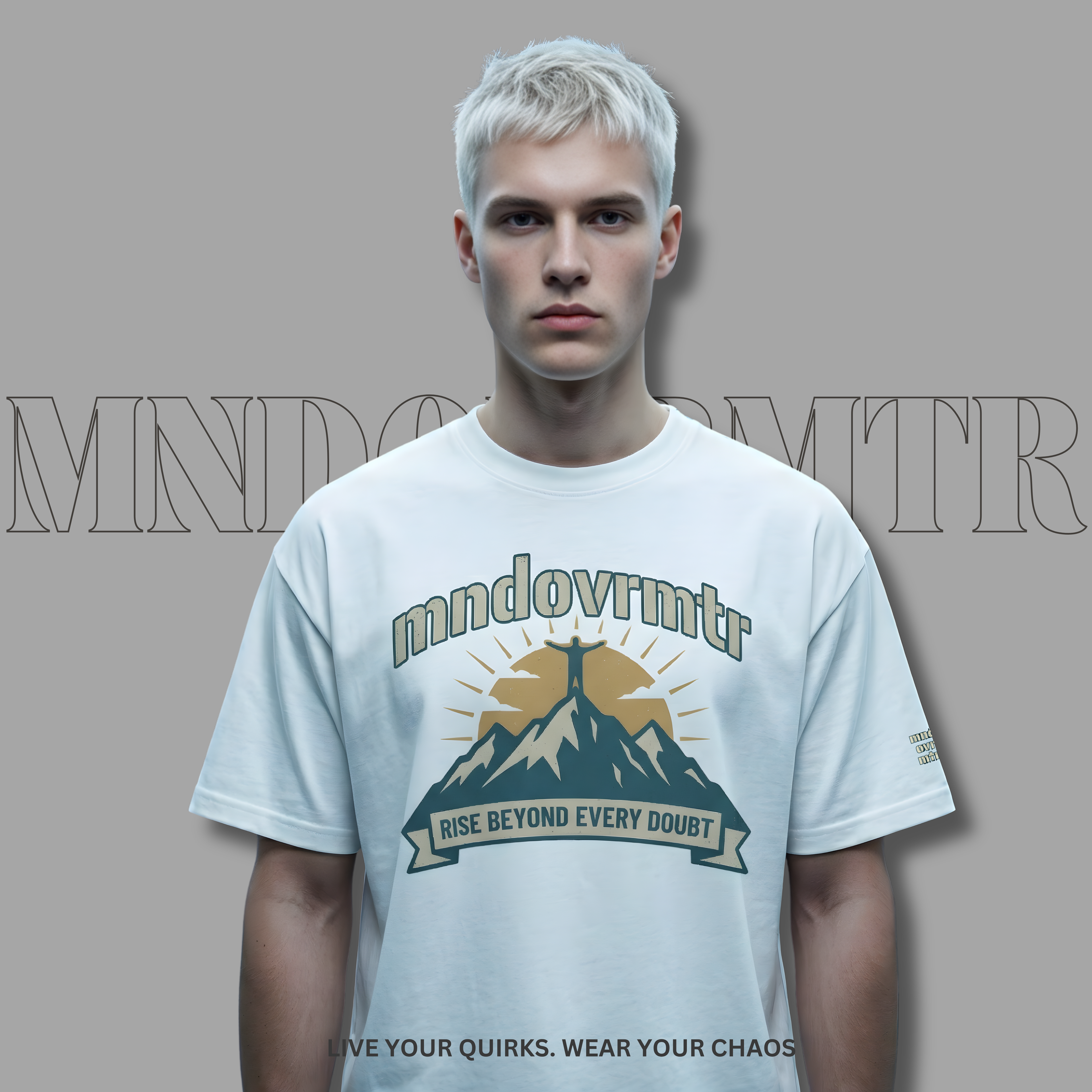 MNDOVRMTR™ mountain summit t-shirt - mountain graphic streetwear tee, model shot