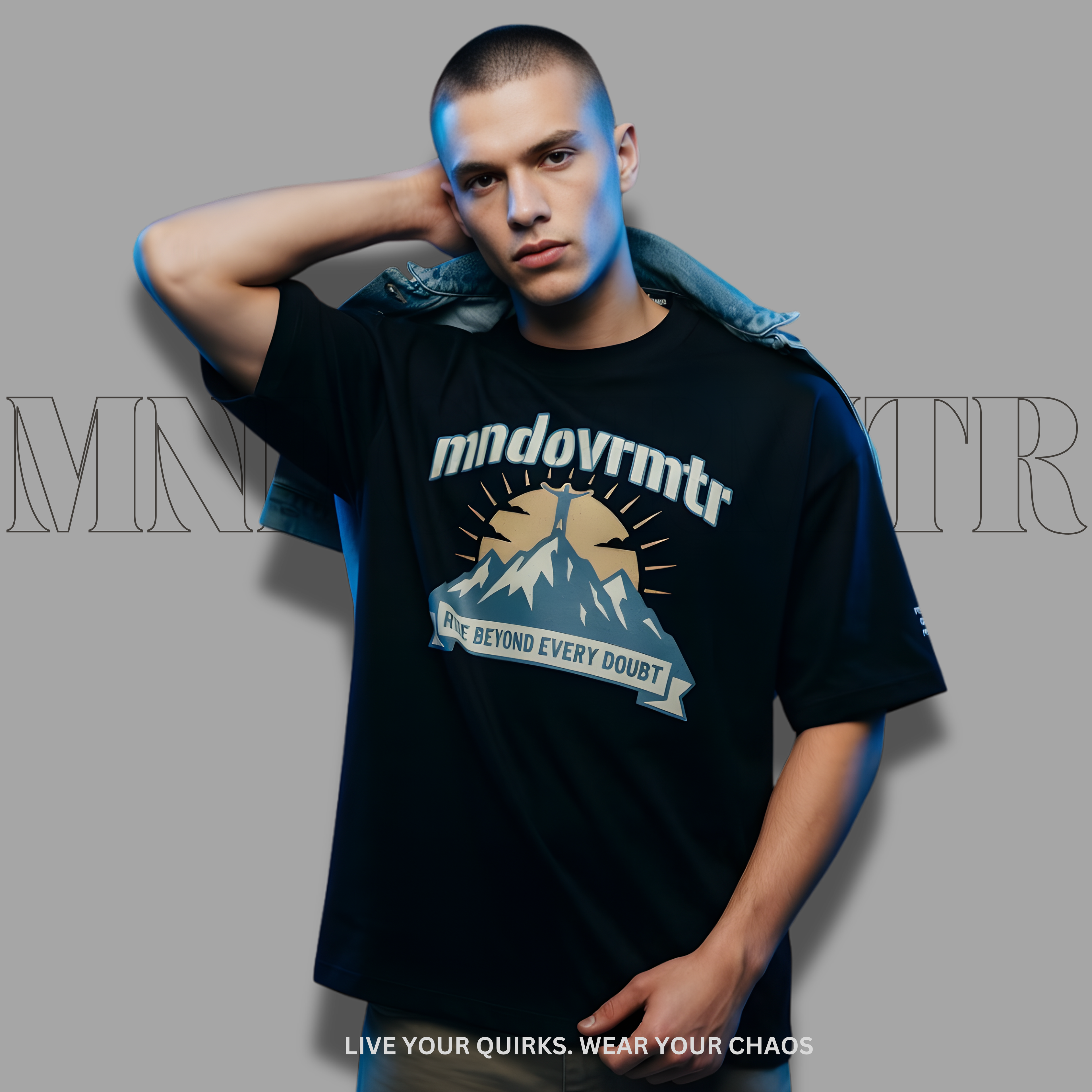 MNDOVRMTR™ mountain summit t-shirt in black - Rise Beyond Every Doubt outdoor streetwear tee