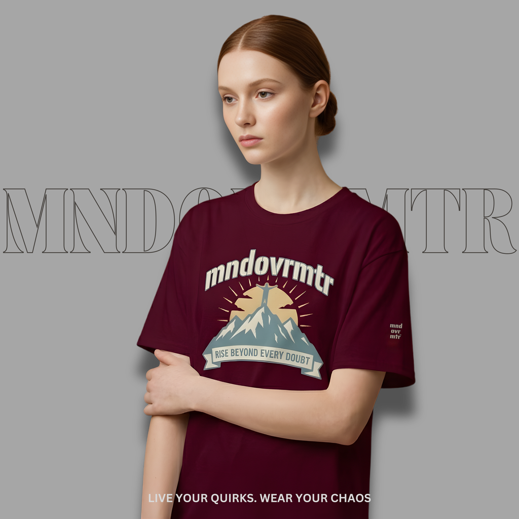 MNDOVRMTR™ mountain summit t-shirt in maroon - motivational outdoor streetwear tee