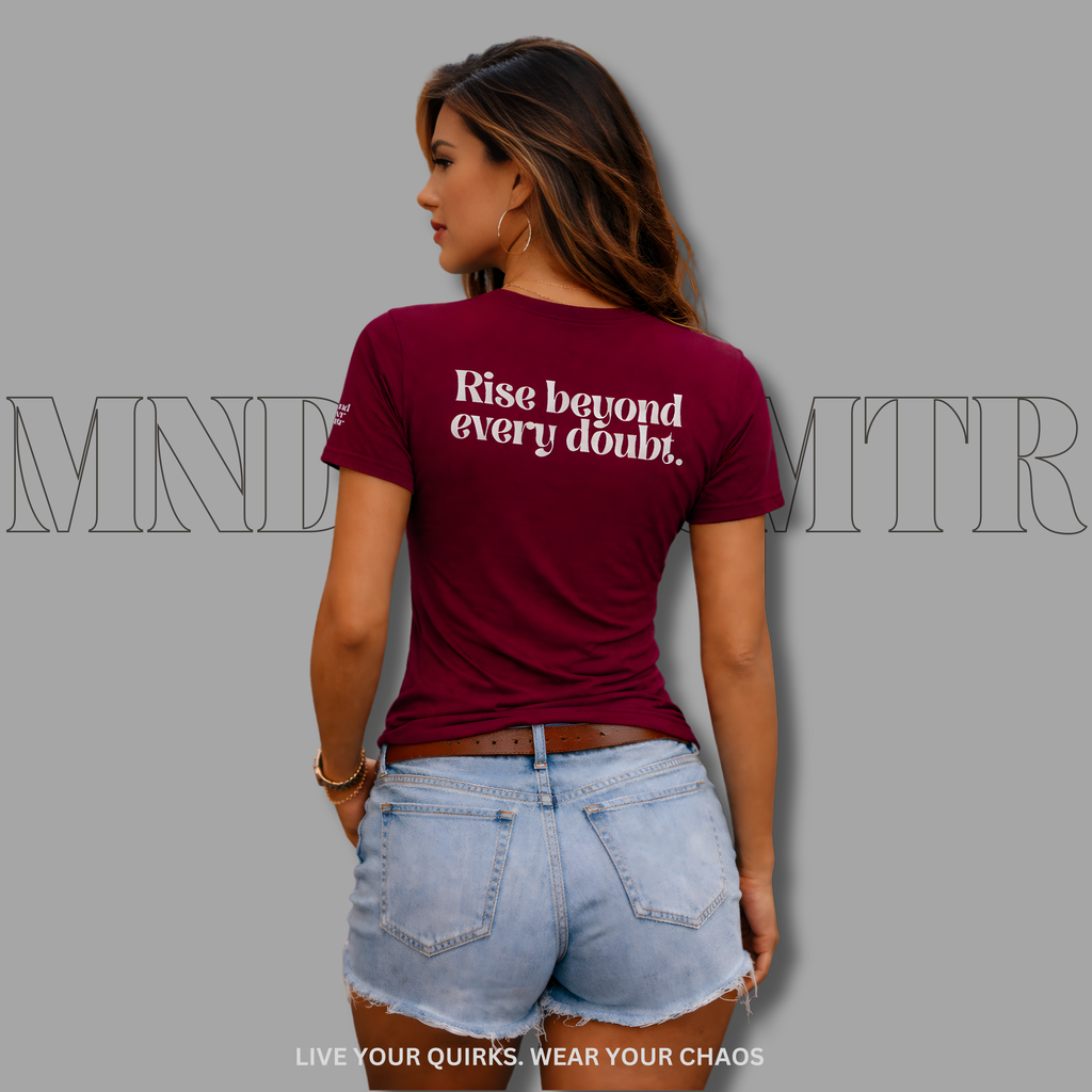 MNDOVRMTR™ Rise Beyond Every Doubt unisex shirt in maroon - back view, streetwear tee