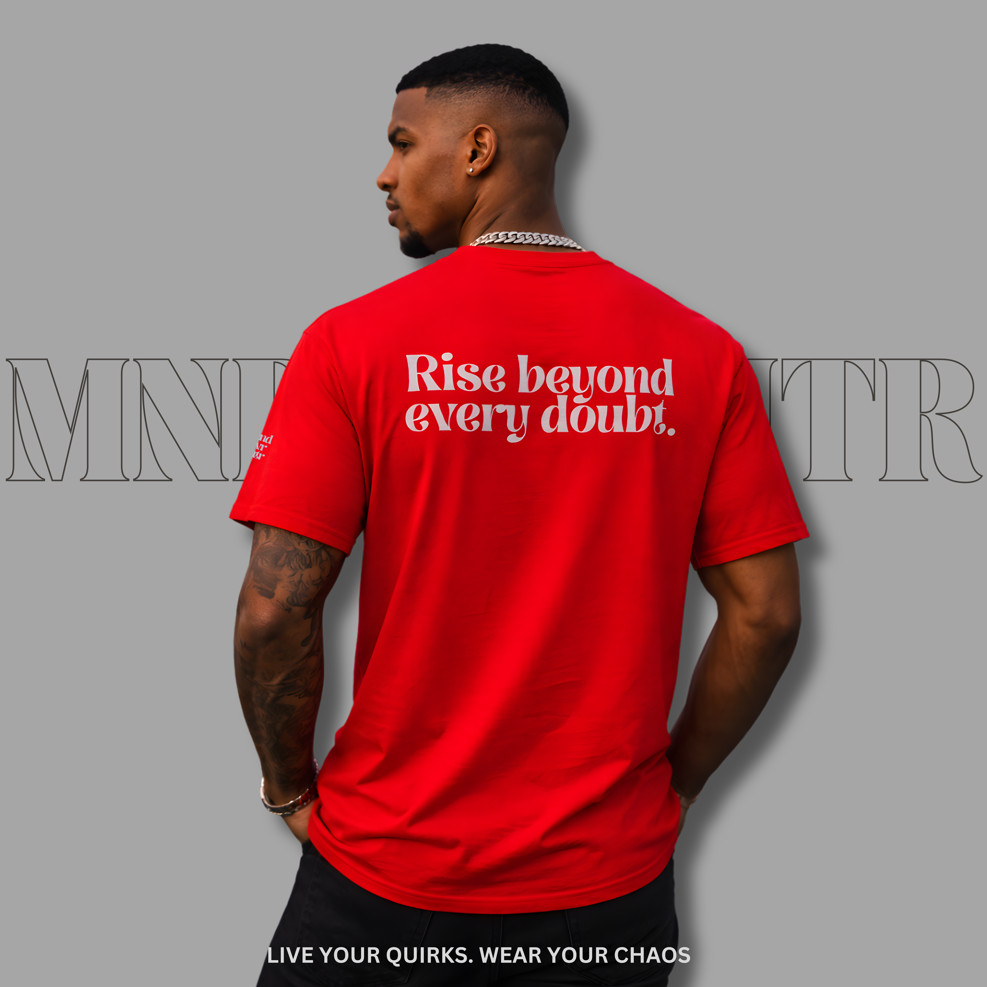 MNDOVRMTR™ Rise Beyond Every Doubt unisex shirt in red - motivational back print