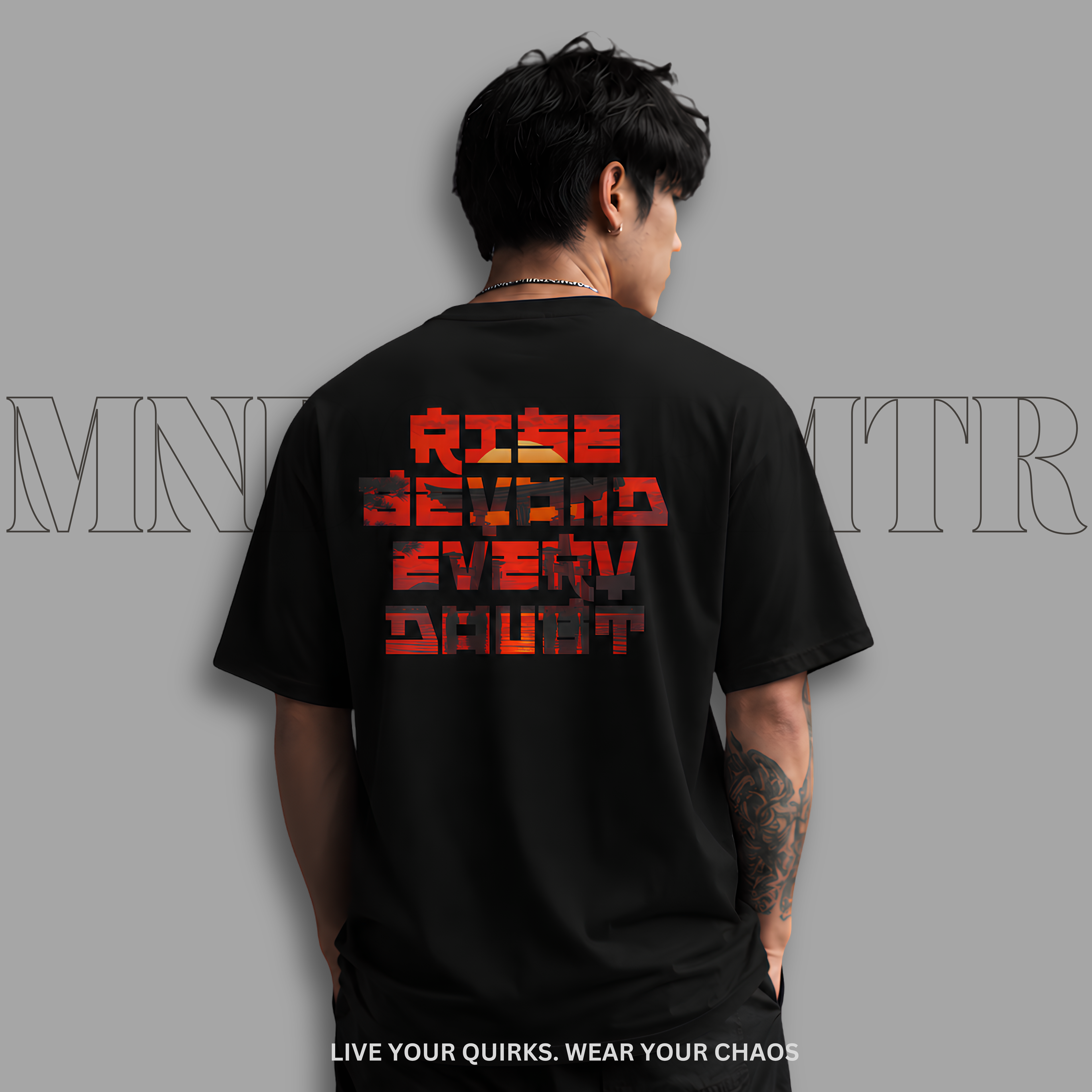MNDOVRMTR™ Rise Beyond Every Doubt t-shirt in black - back print detail, Tokyo style tee