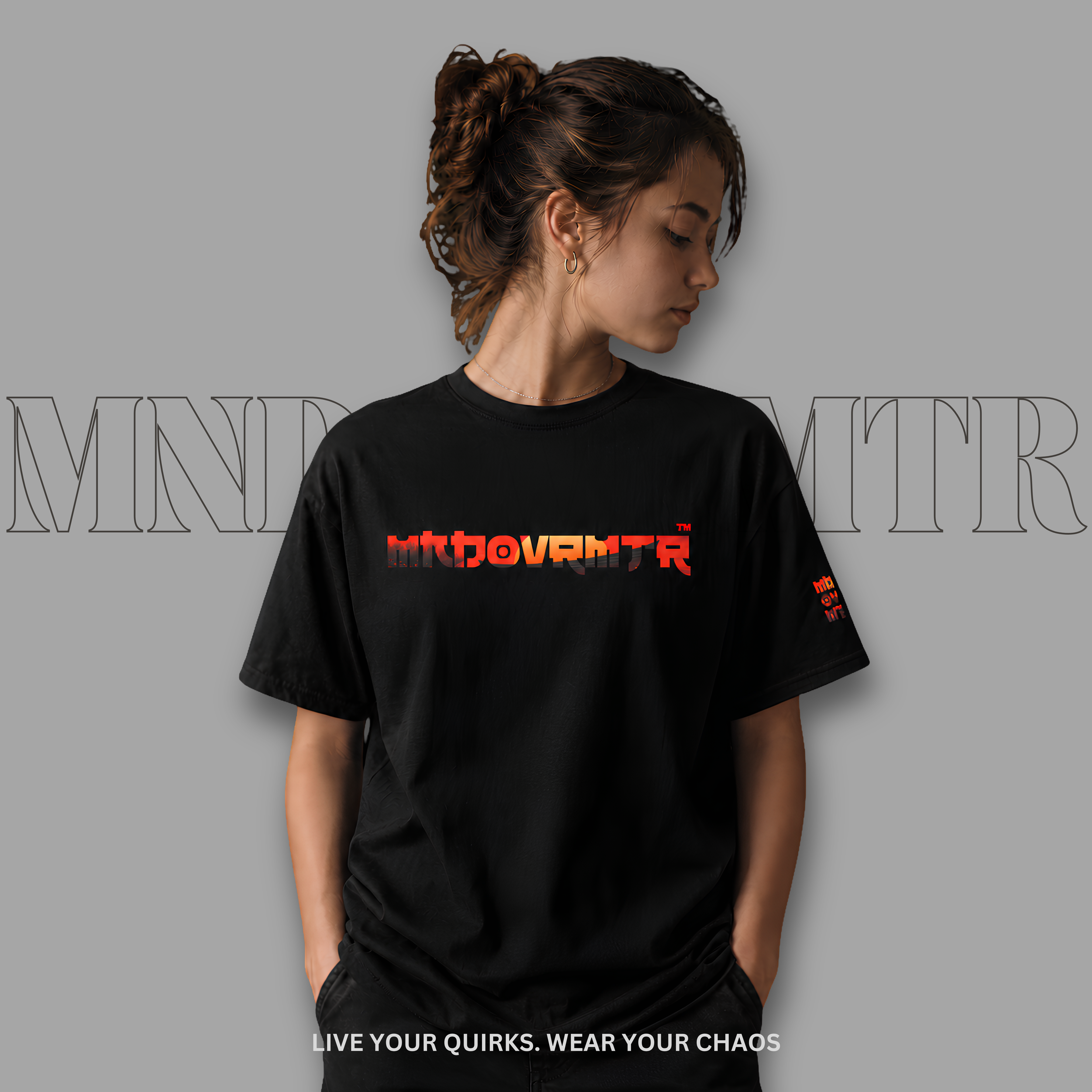 MNDOVRMTR™ Rise Beyond Every Doubt t-shirt in black - front logo and sleeve detail