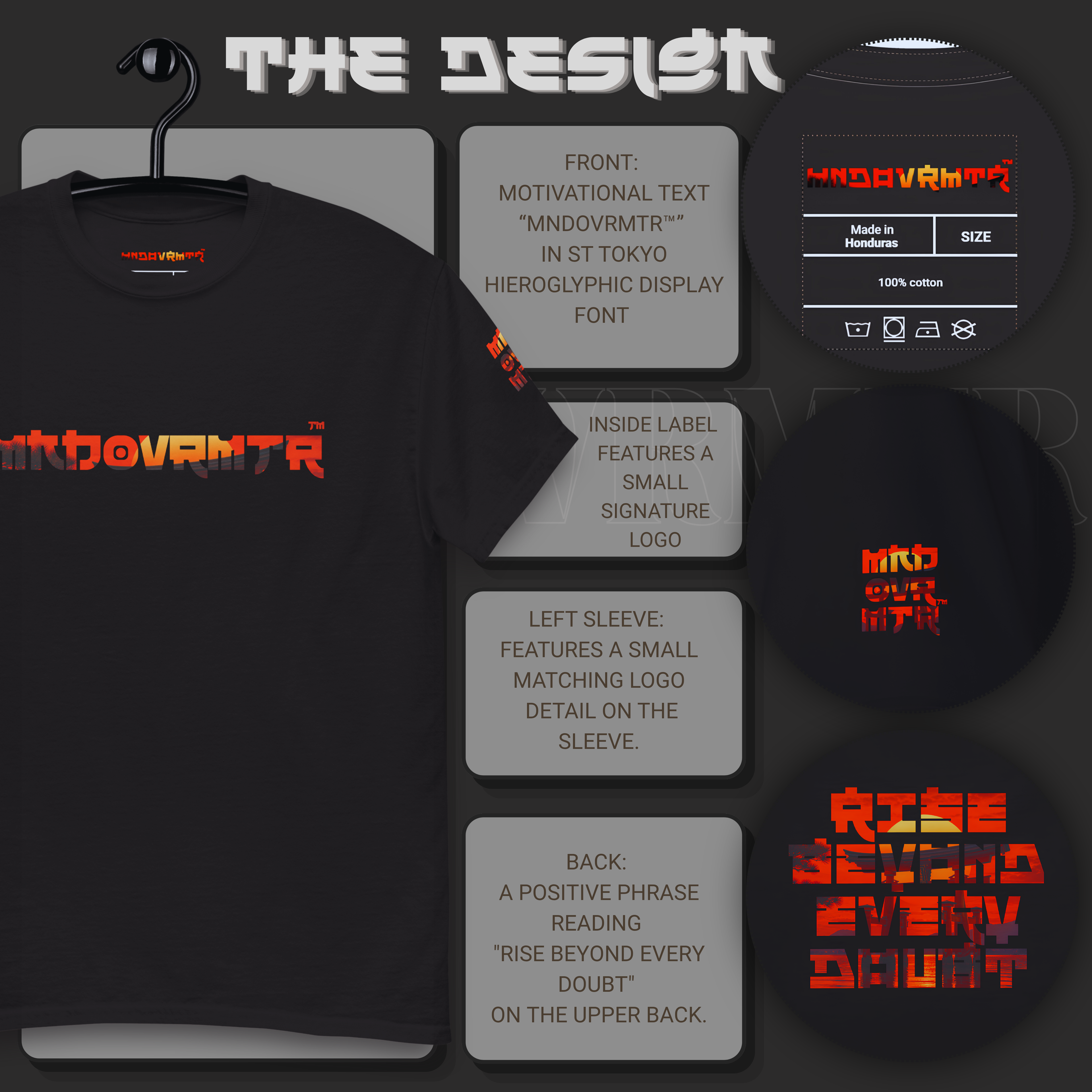 MNDOVRMTR™ Rise Beyond Every Doubt t-shirt - design details, Japanese-inspired streetwear tee