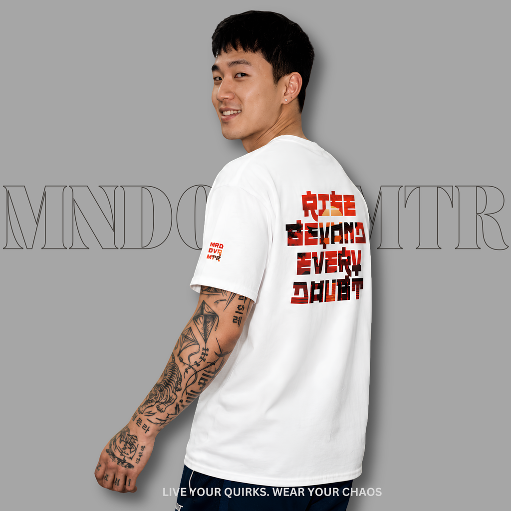 MNDOVRMTR™ Rise Beyond Every Doubt t-shirt in white - back print detail, Tokyo style tee