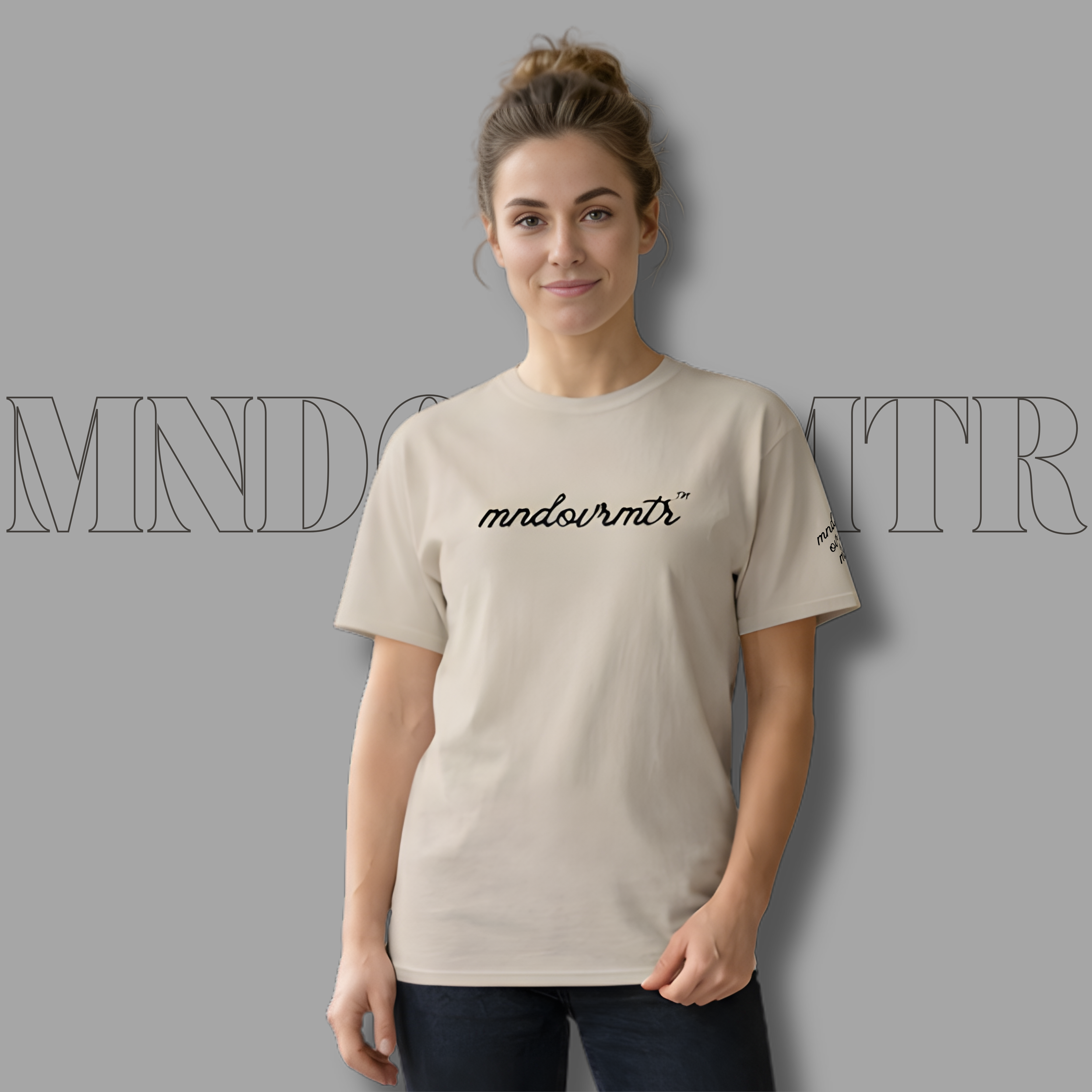 MNDOVRMTR™ script logo t-shirt in beige - minimalist cursive streetwear tee