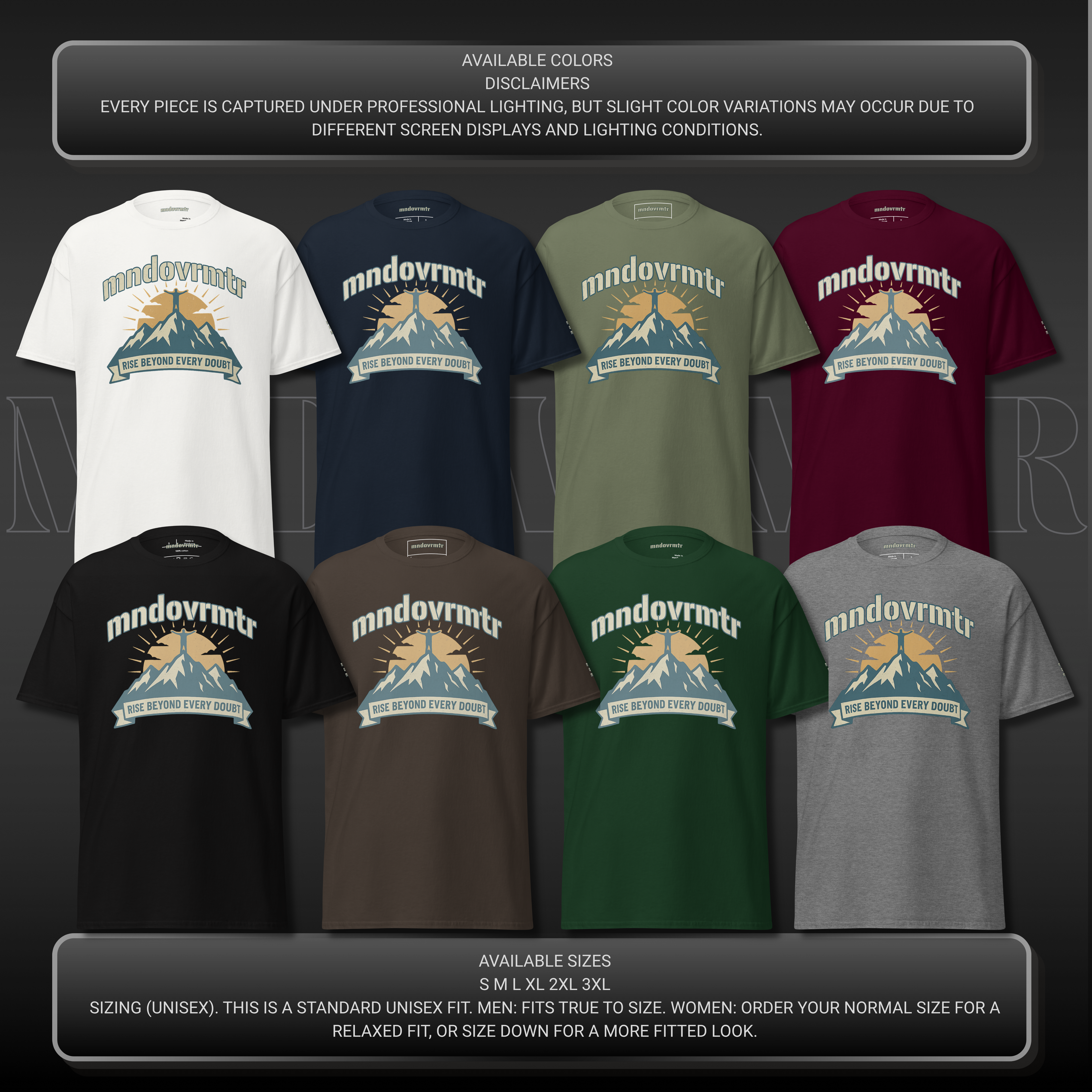 MNDOVRMTR™ mountain summit t-shirt - available colors mockup, outdoor streetwear tee