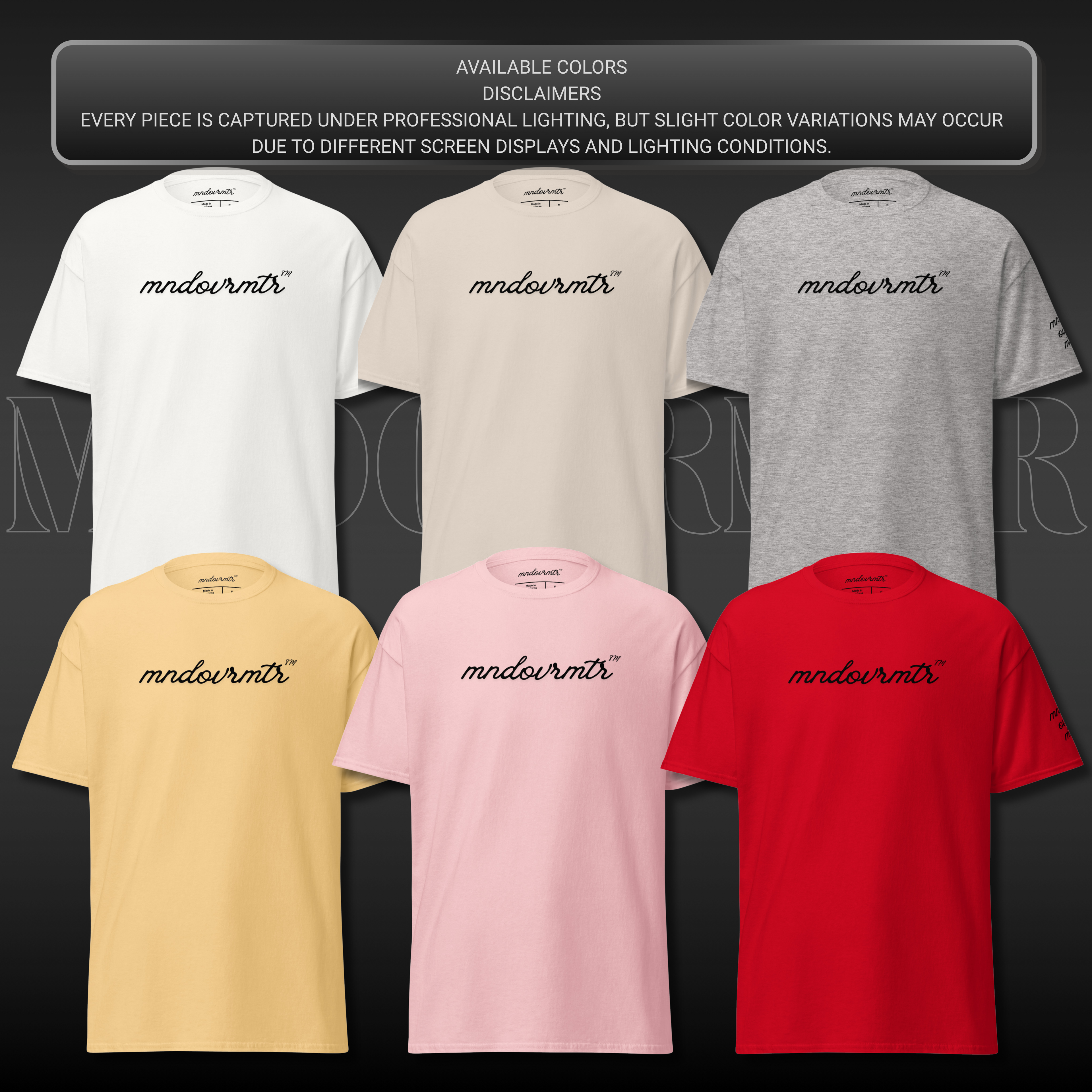 MNDOVRMTR™ script logo t-shirt - available colors mockup, streetwear tee