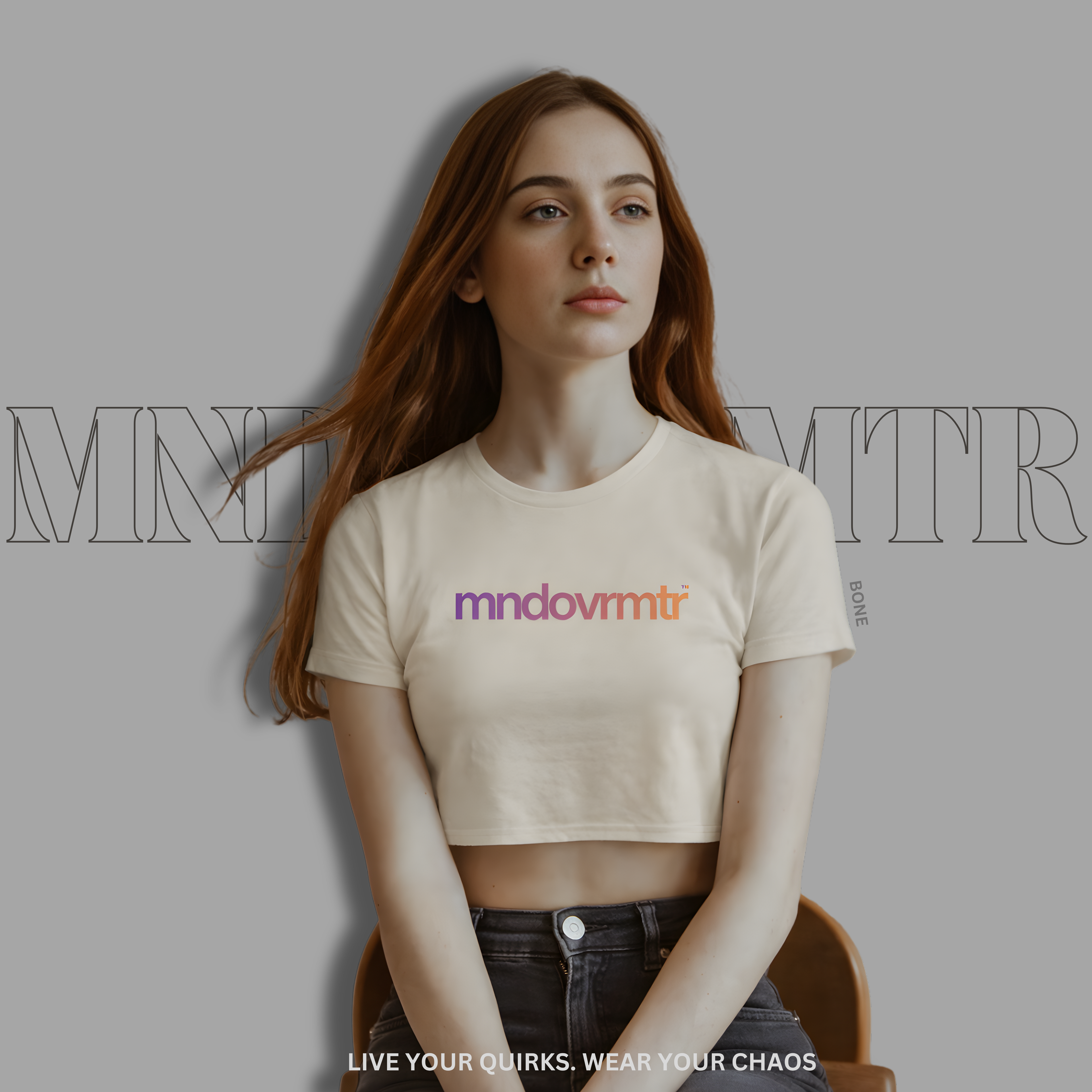 MNDOVRMTR™ gradient crop tee in bone - streetwear crop top, front view