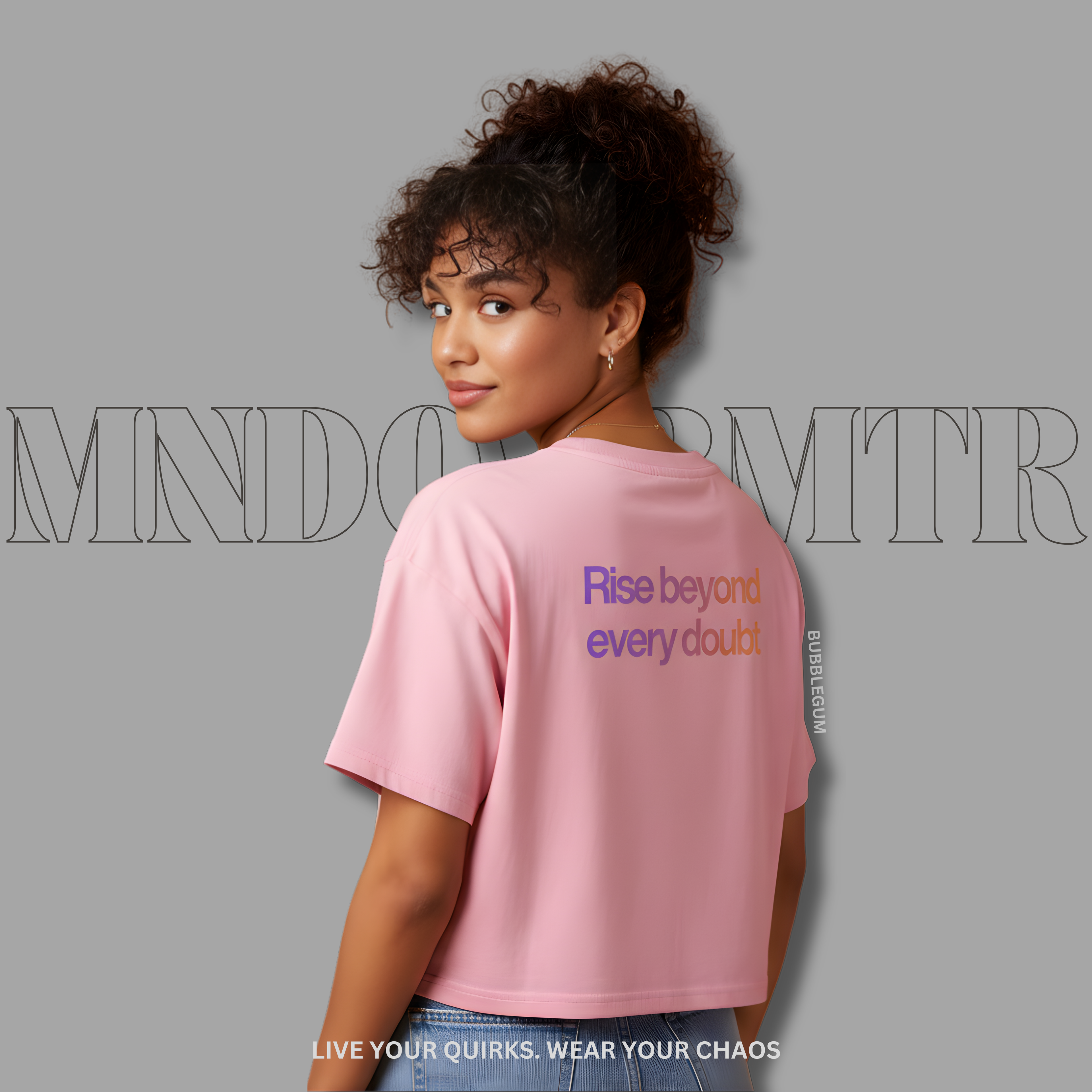 MNDOVRMTR™ gradient crop tee in bubblegum pink - Rise Beyond Every Doubt back print