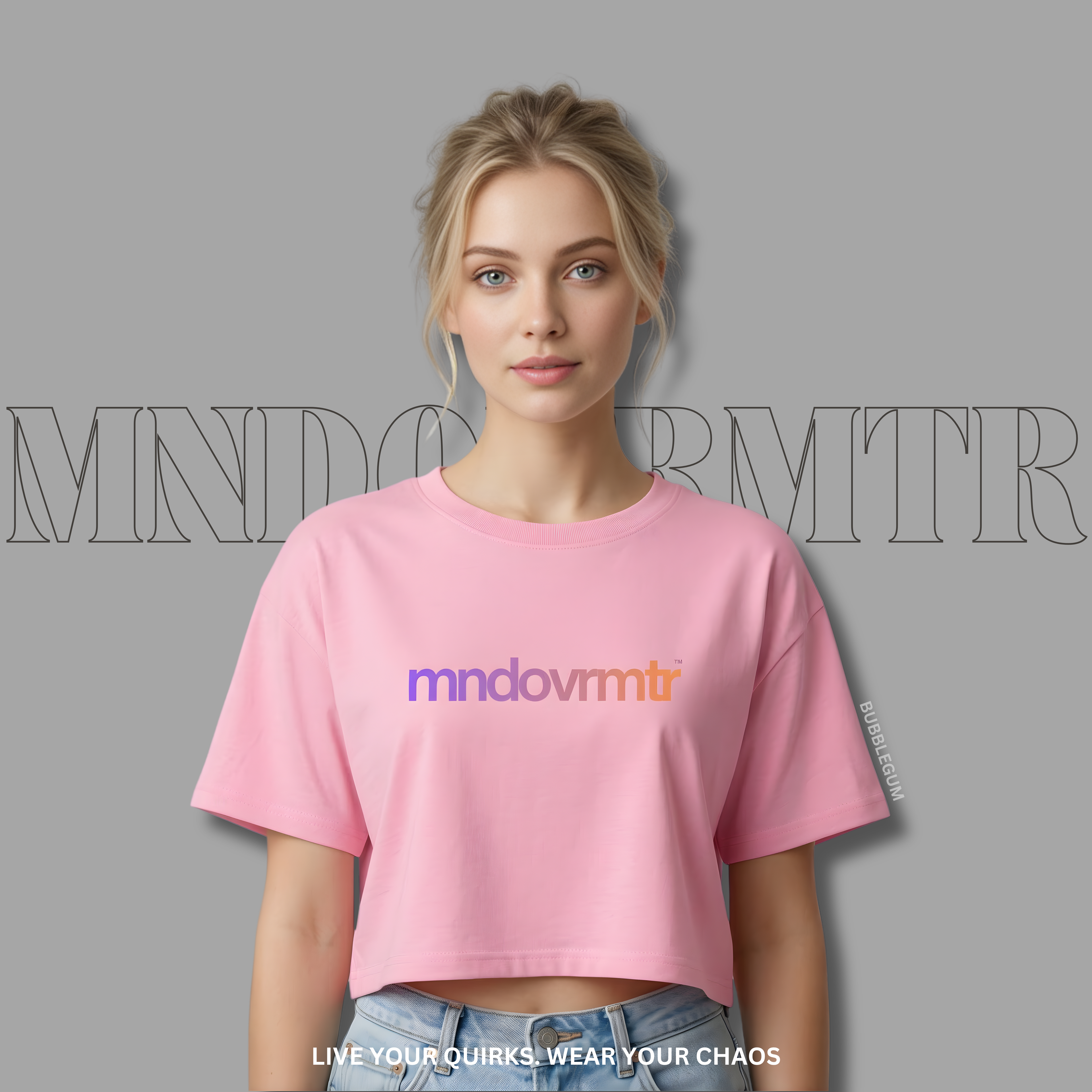 MNDOVRMTR™ gradient crop tee in bubblegum pink - streetwear crop top, front view