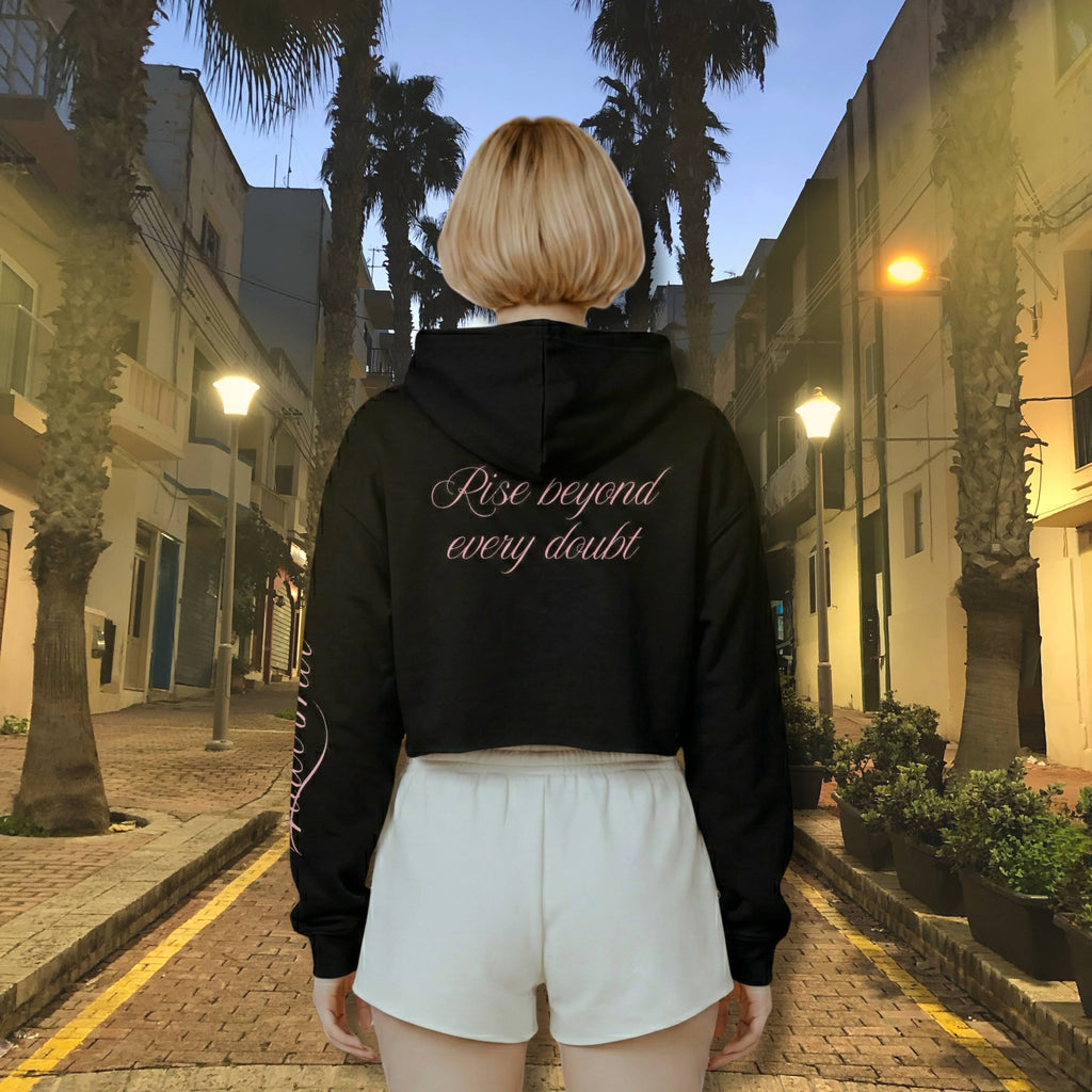 MNDOVRMTR Sexy Crop Hoodie in Black — Mind Over Matter chest script and sleeve print, cropped streetwear hoodie