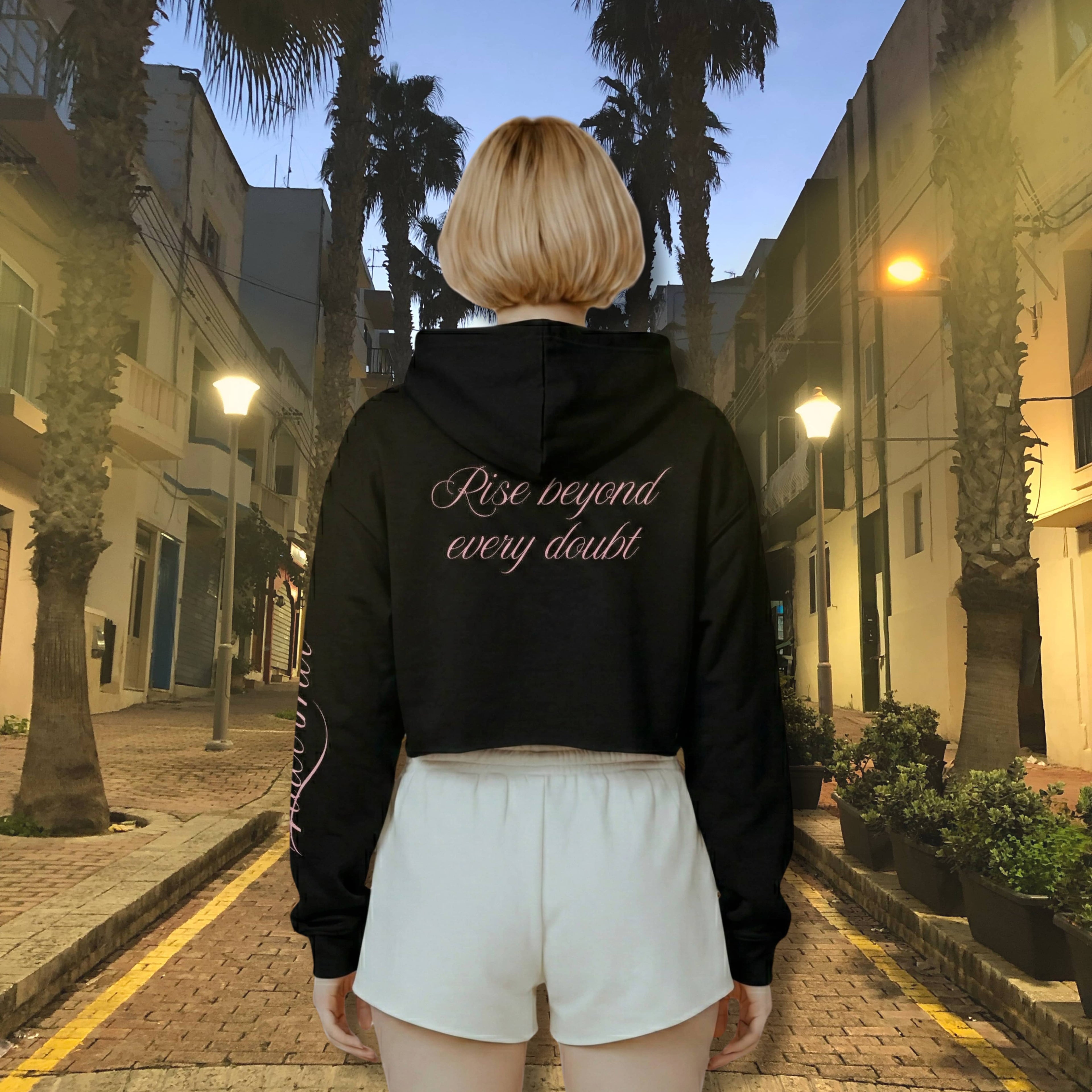 MNDOVRMTR Sexy Crop Hoodie in Black — Mind Over Matter chest script and sleeve print, cropped streetwear hoodie