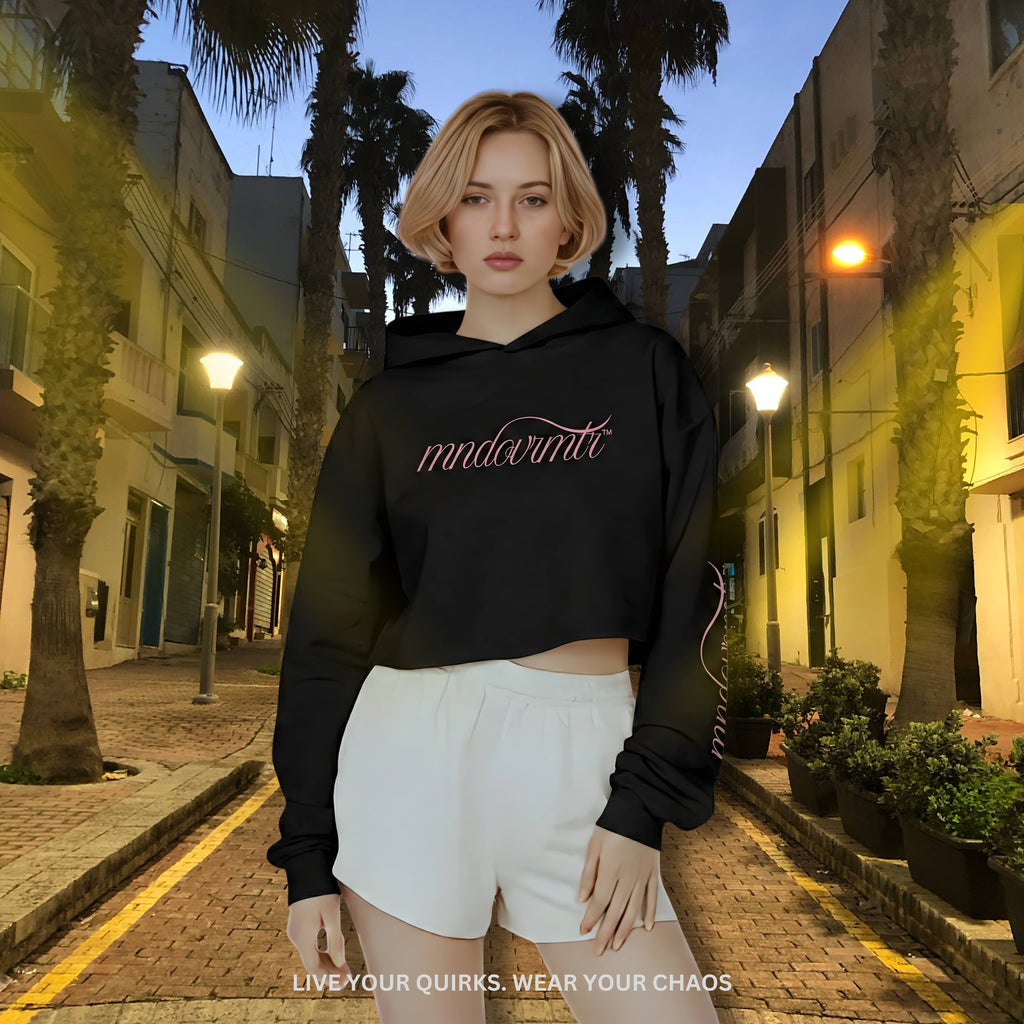 MNDOVRMTR Sexy Crop Hoodie in Black — Mind Over Matter chest script and sleeve print, cropped streetwear hoodie