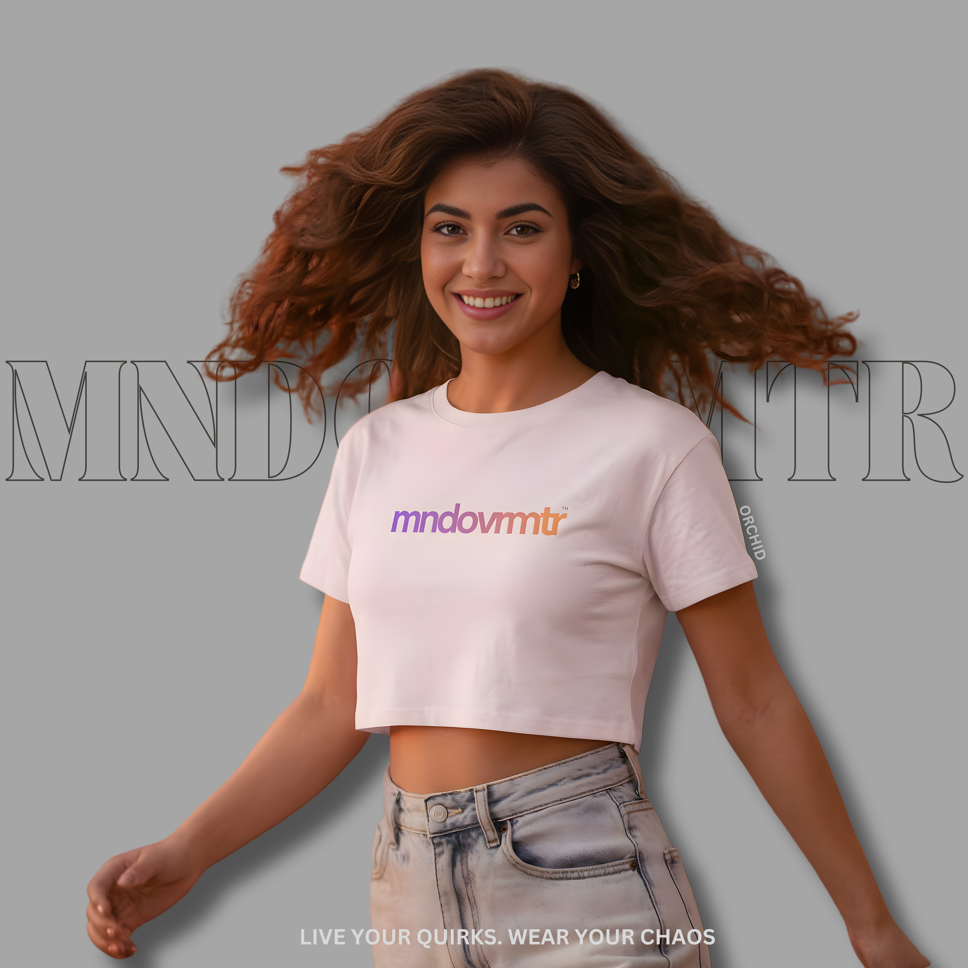 MNDOVRMTR™ gradient crop tee in orchid - streetwear crop top, front view
