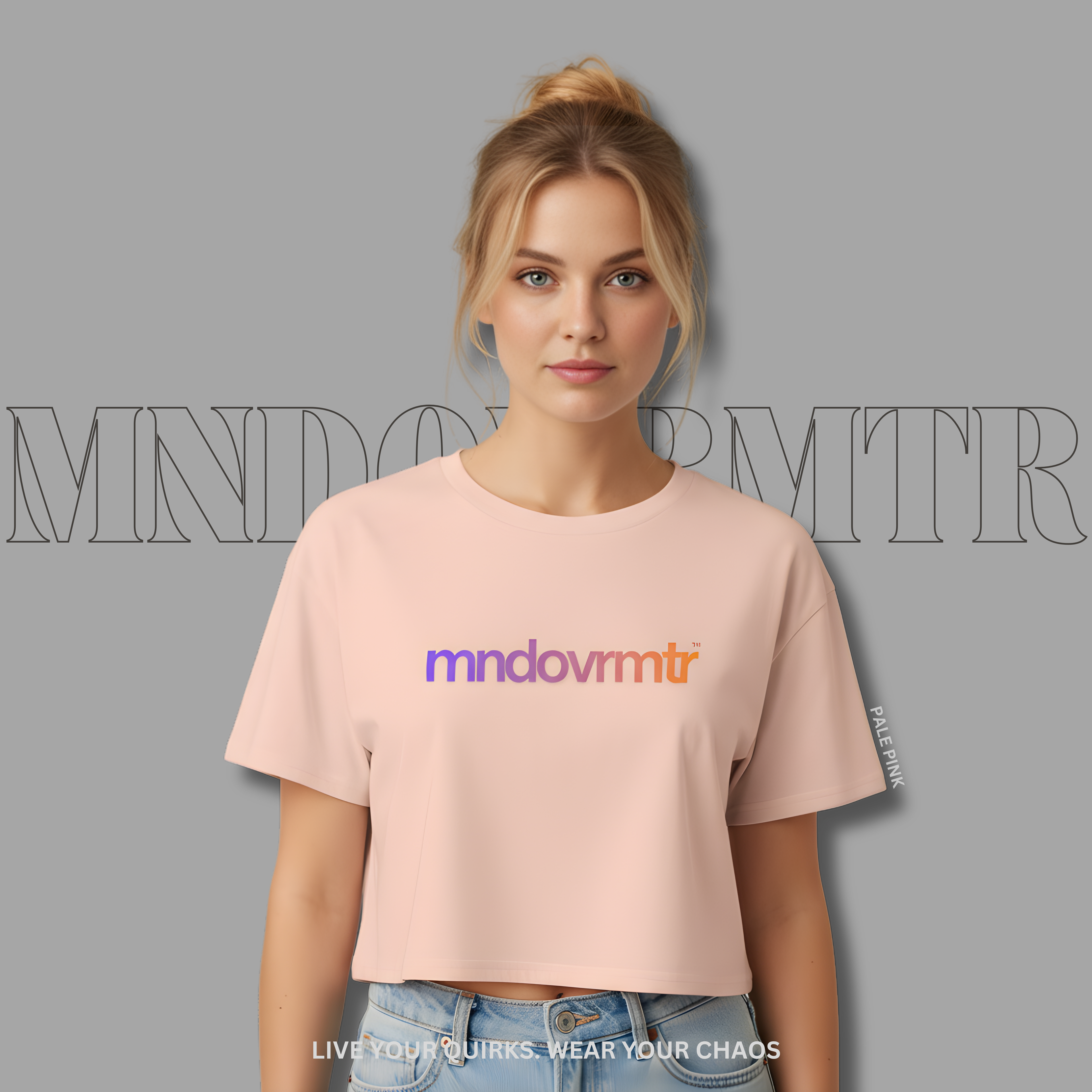 MNDOVRMTR™ gradient crop tee in pale pink - streetwear crop top, front view