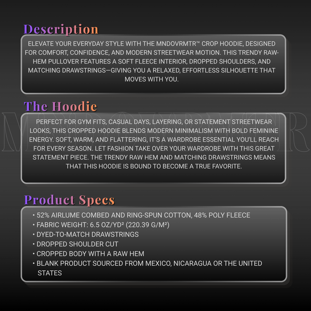 MNDOVRMTR™ women's crop hoodie - minimalist raw-hem streetwear pullover  specs and description