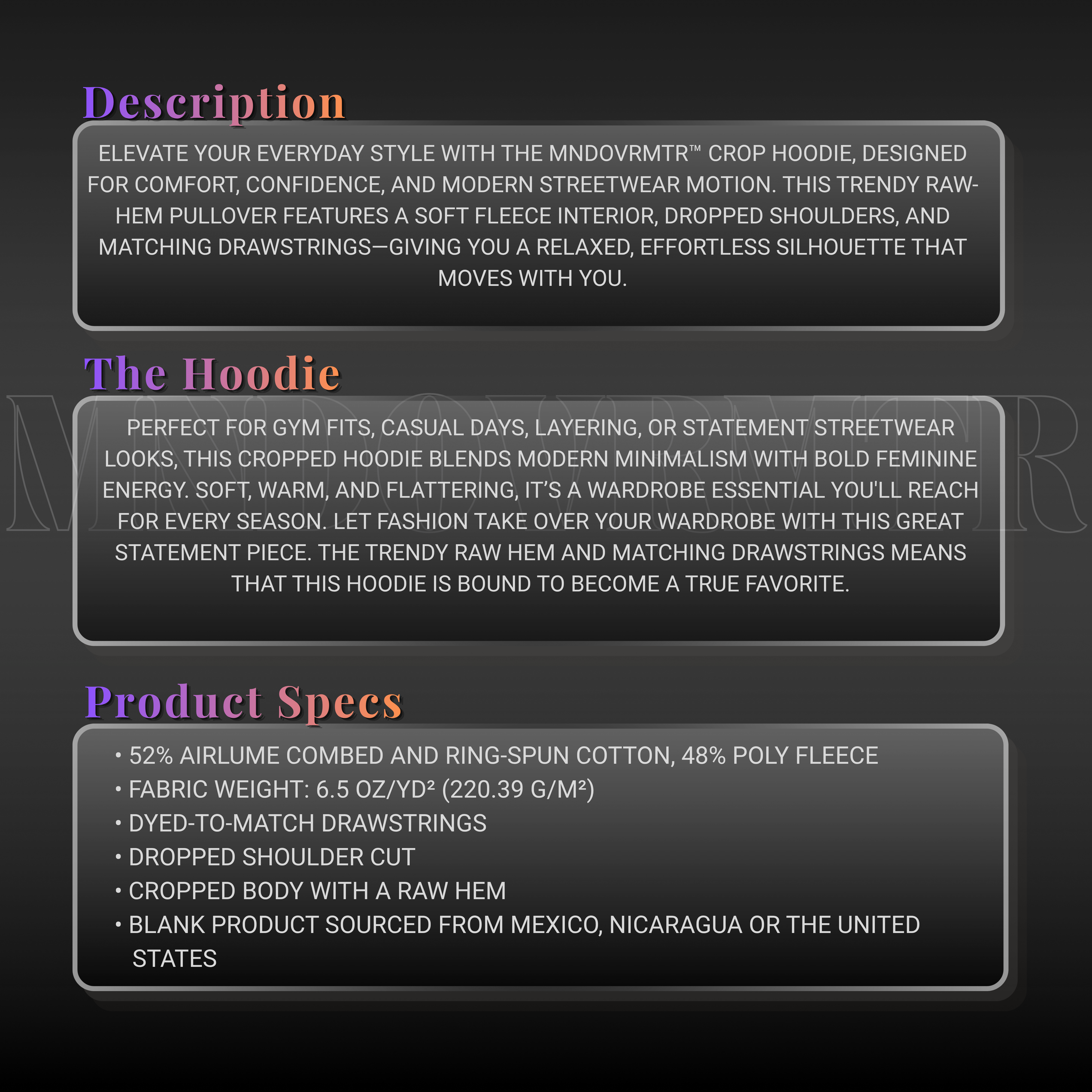 MNDOVRMTR™ women's crop hoodie - minimalist raw-hem streetwear pullover  specs and description
