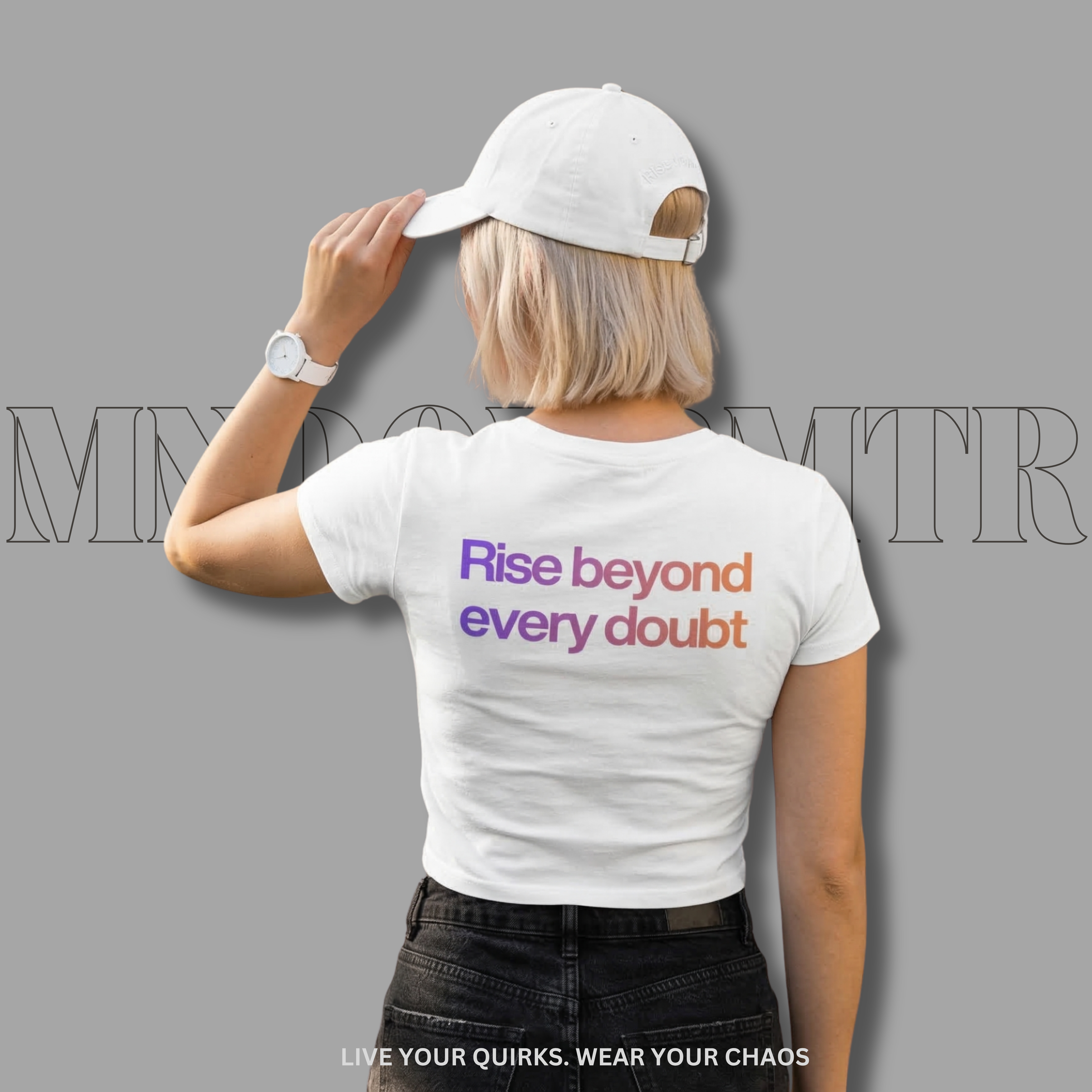 MNDOVRMTR™ gradient crop tee in white - Rise Beyond Every Doubt back print