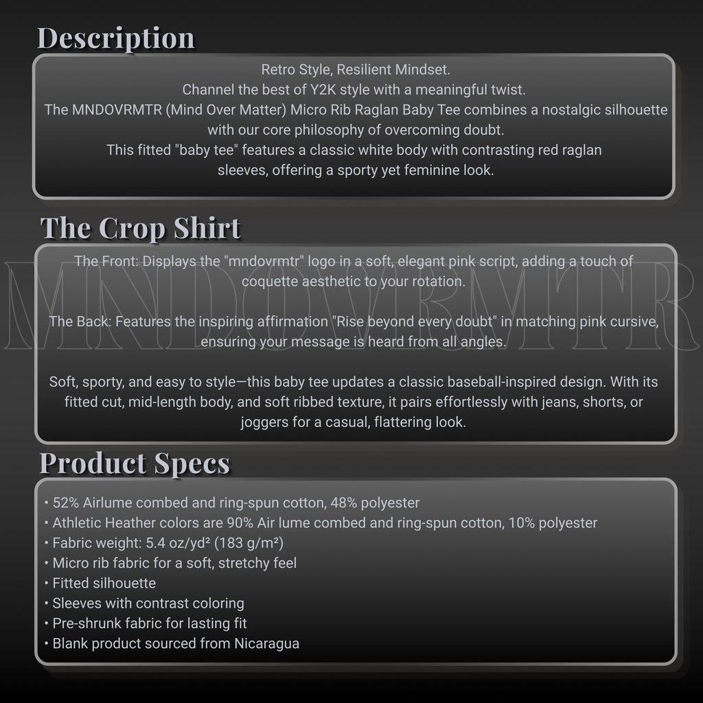 MNDOVRMTR micro rib raglan baby tee product description with Y2K crop shirt details, white body, contrast blue, navy, royal sleeves, front logo, back “Rise beyond every doubt” design, and fabric specs.