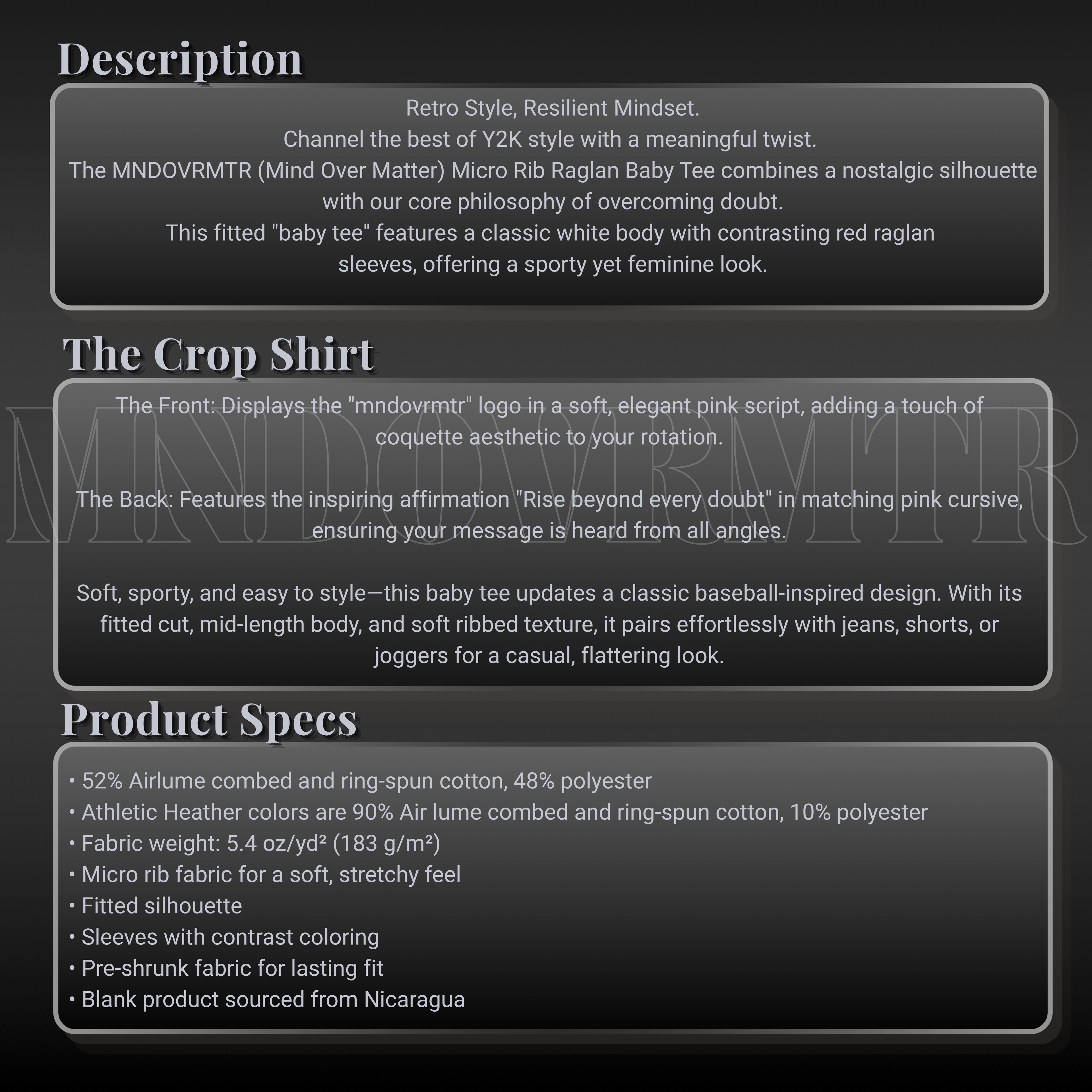 MNDOVRMTR micro rib raglan baby tee product description with Y2K crop shirt details, white body, contrast blue, navy, royal sleeves, front logo, back “Rise beyond every doubt” design, and fabric specs.