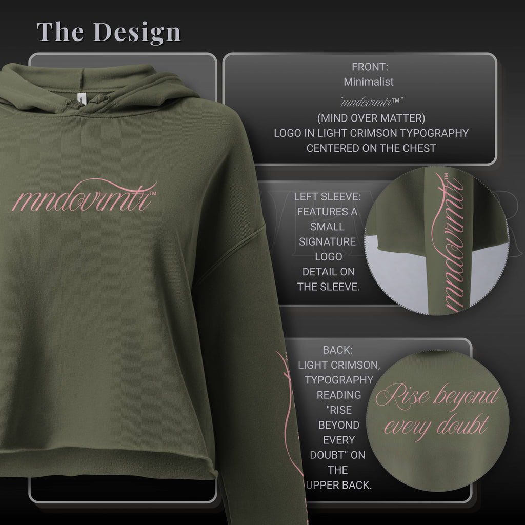 mndovrmtr hoodie – mind over matter streetwear crop pullover with crimson cursive logo, sleeve detail, and 'Rise beyond every doubt' back print, unisex oversized fit.