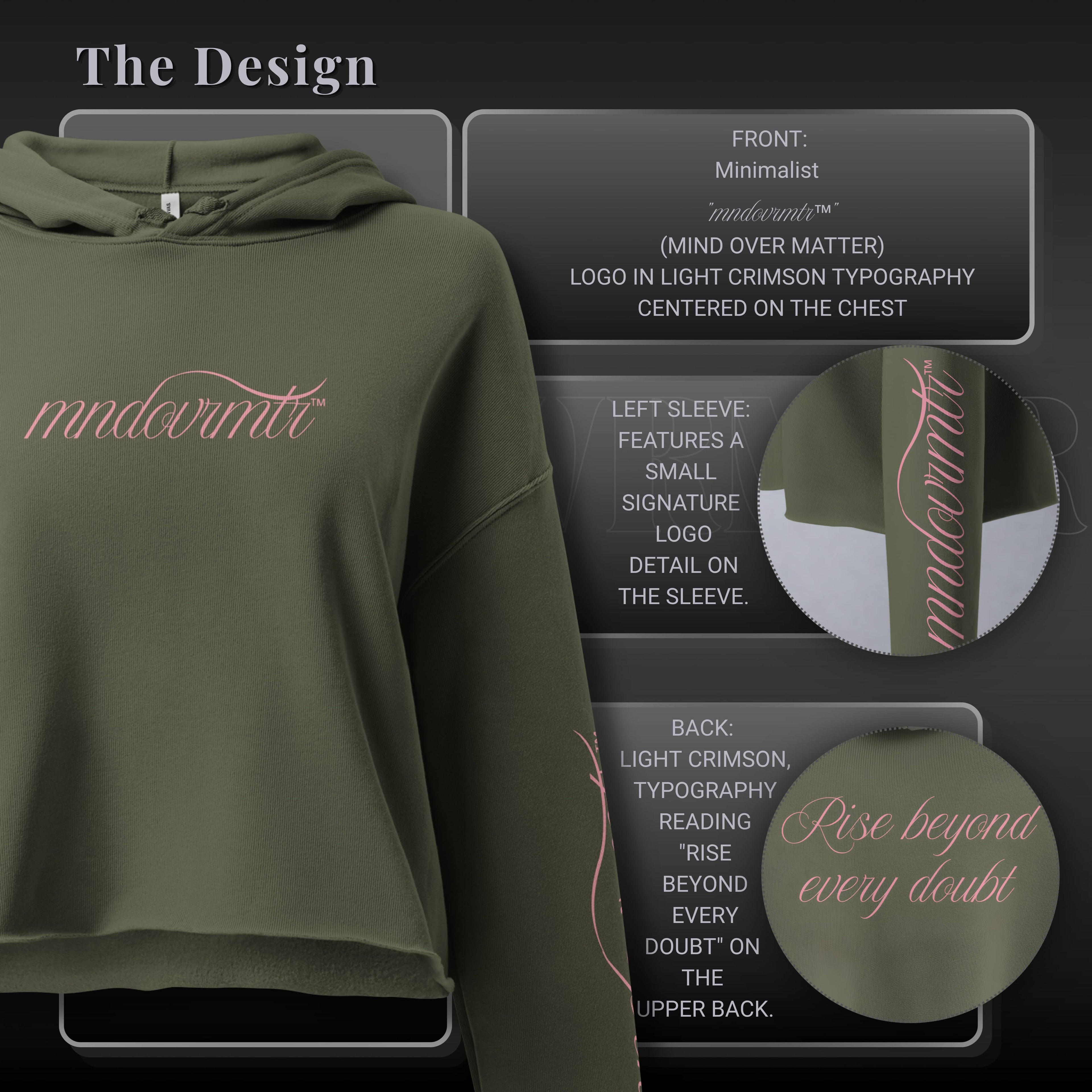 mndovrmtr hoodie – mind over matter streetwear crop pullover with crimson cursive logo, sleeve detail, and 'Rise beyond every doubt' back print, unisex oversized fit.