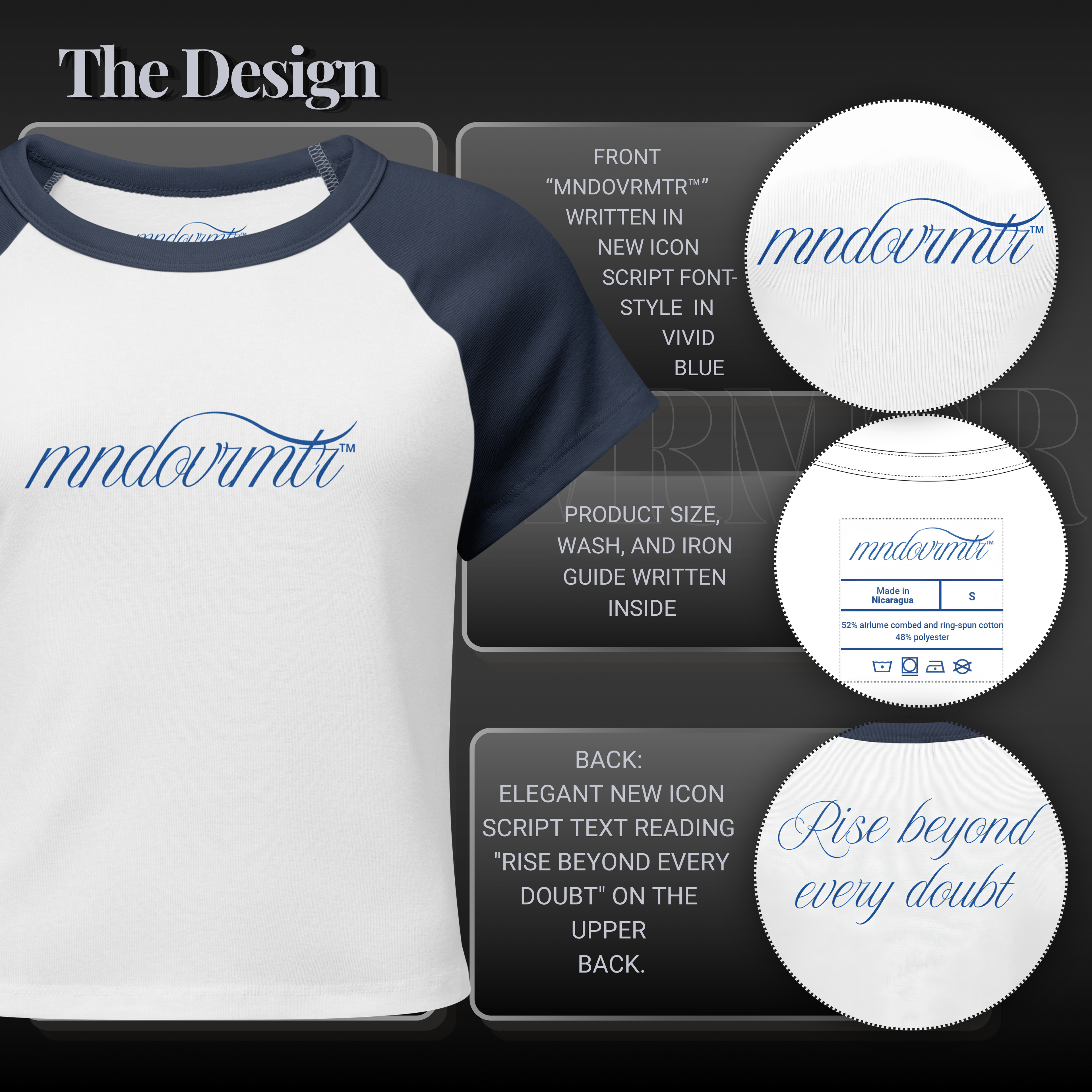MNDOVRMTR cursive text in micro rib ,raglan, crop shirt. Features cursive typography "mndovrmtr™" in front and "Rise beyond every doubt" in the back of the shirt.
