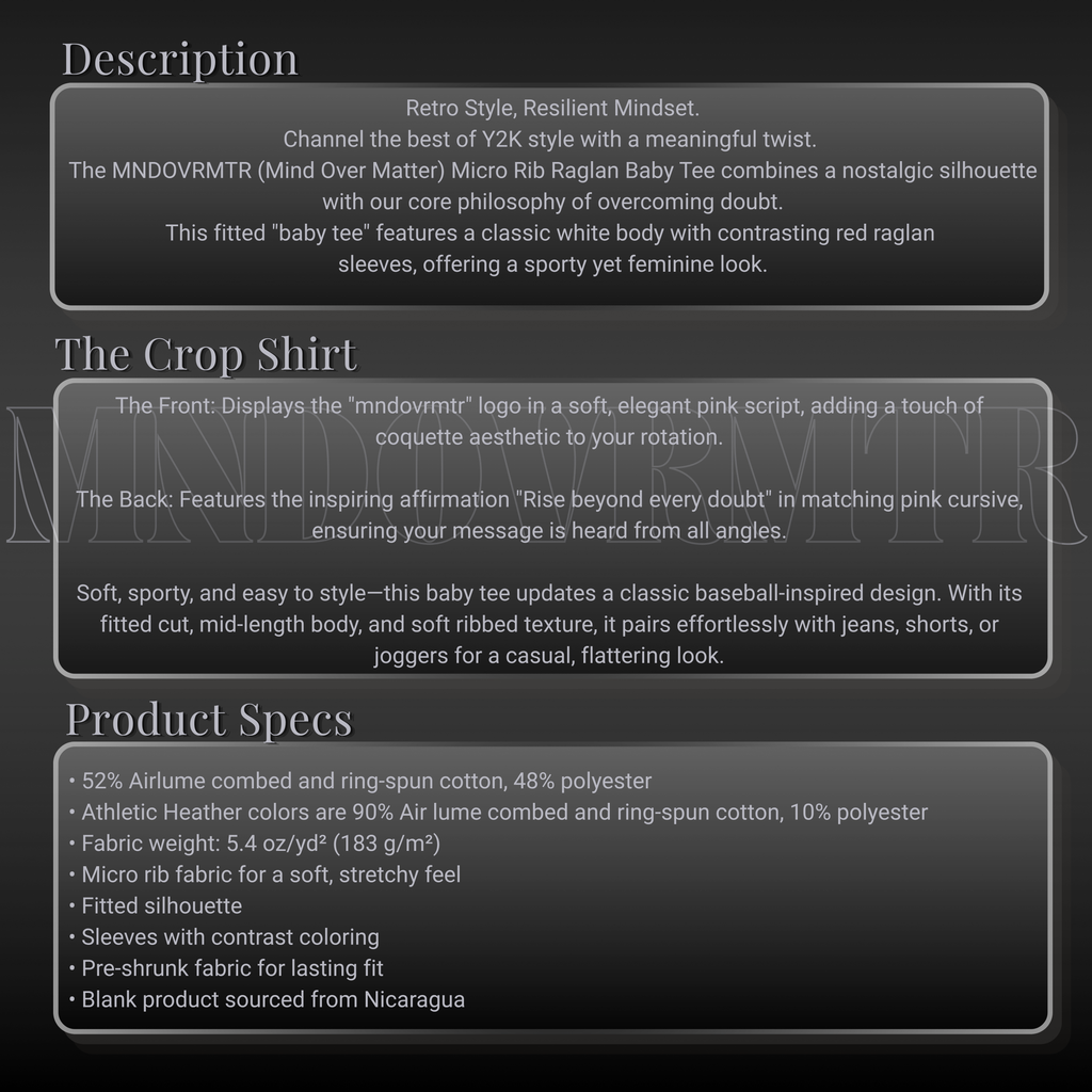 MNDOVRMTR™ micro rib raglan baby tee - product description and specs, Y2K crop top
