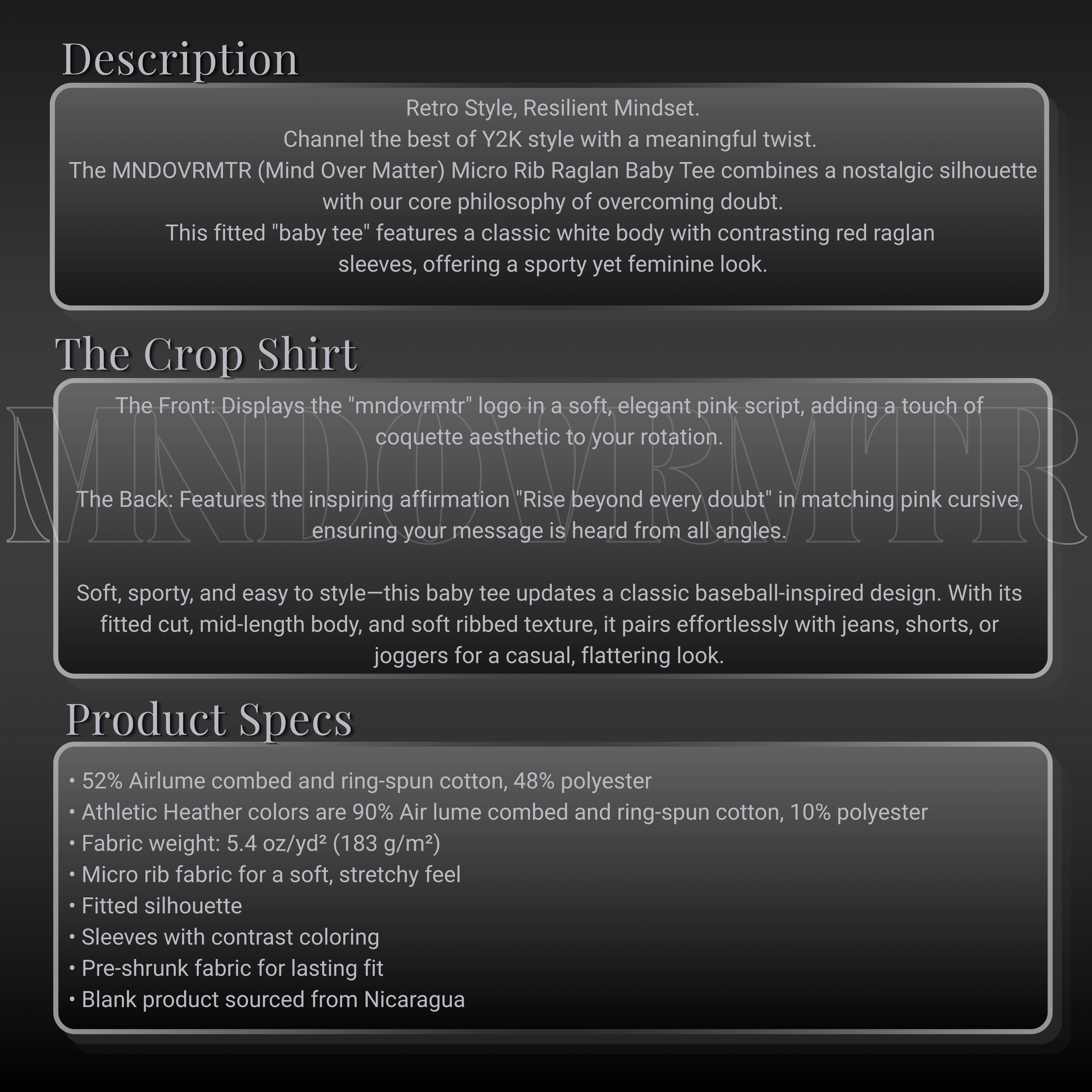 MNDOVRMTR™ micro rib raglan baby tee - product description and specs, Y2K crop top