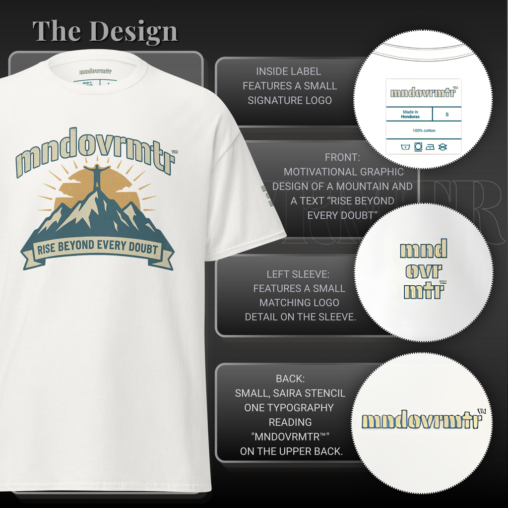 MNDOVRMTR™ mountain summit t-shirt in white - mountain graphic detail close-up