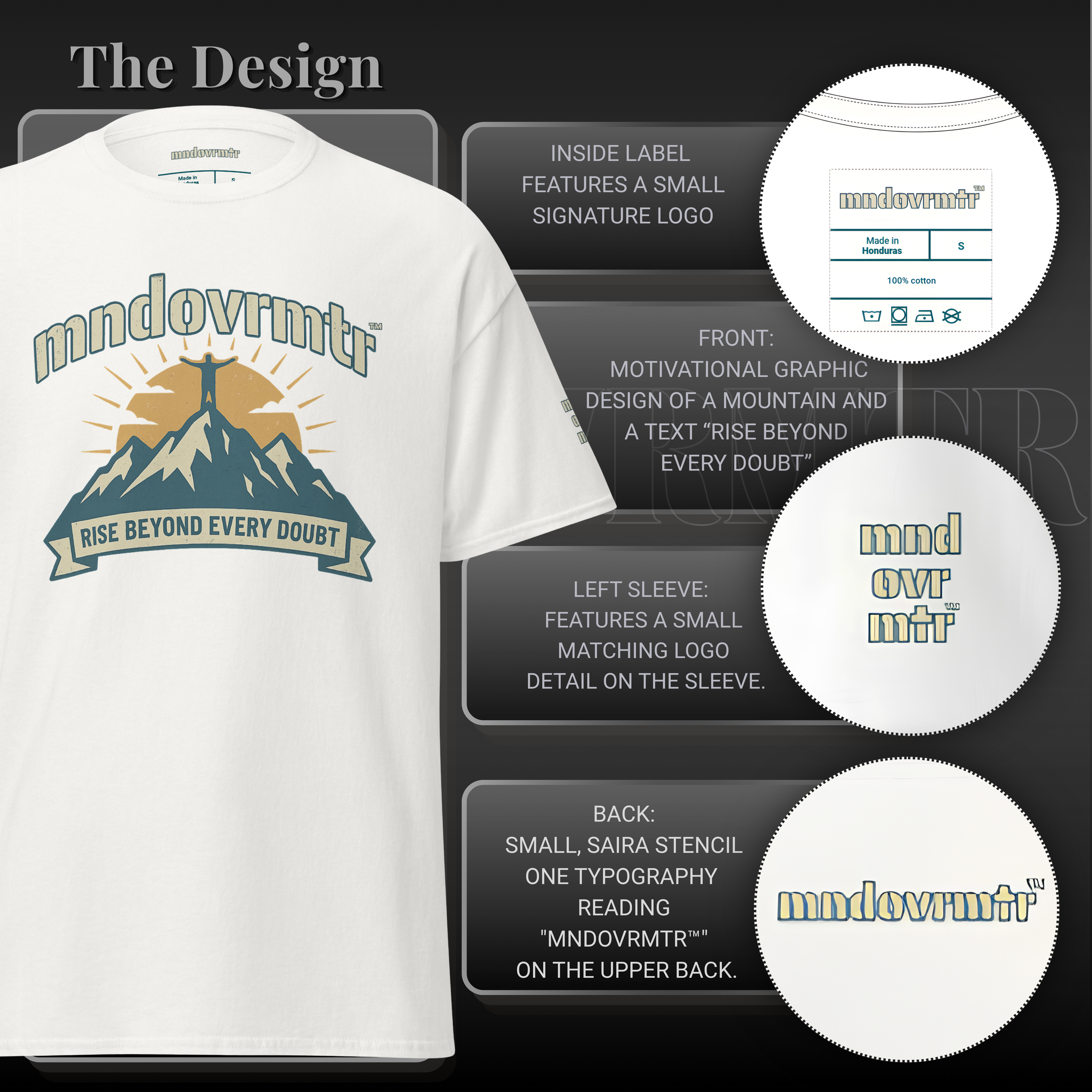 MNDOVRMTR™ mountain summit t-shirt in white - mountain graphic detail close-up