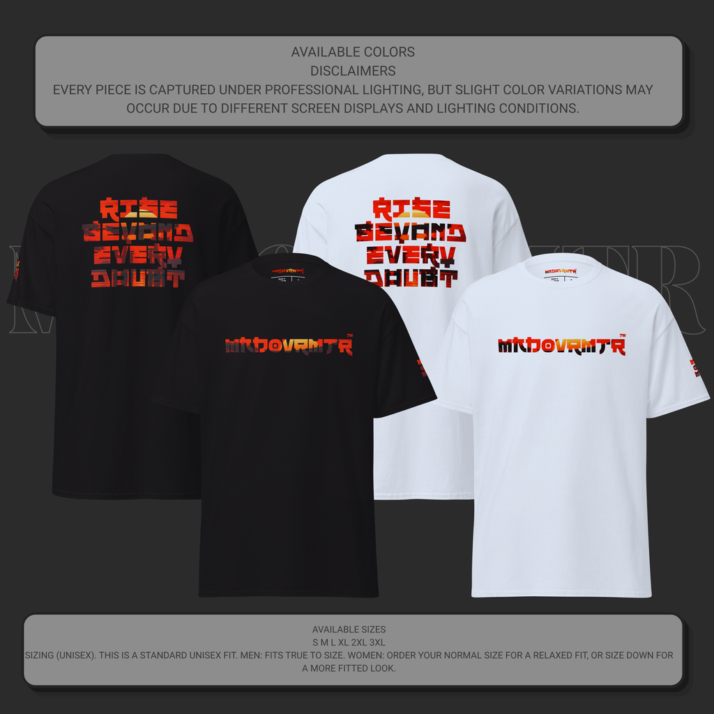 MNDOVRMTR™ Rise Beyond Every Doubt t-shirt - available colors mockup, unisex graphic tee