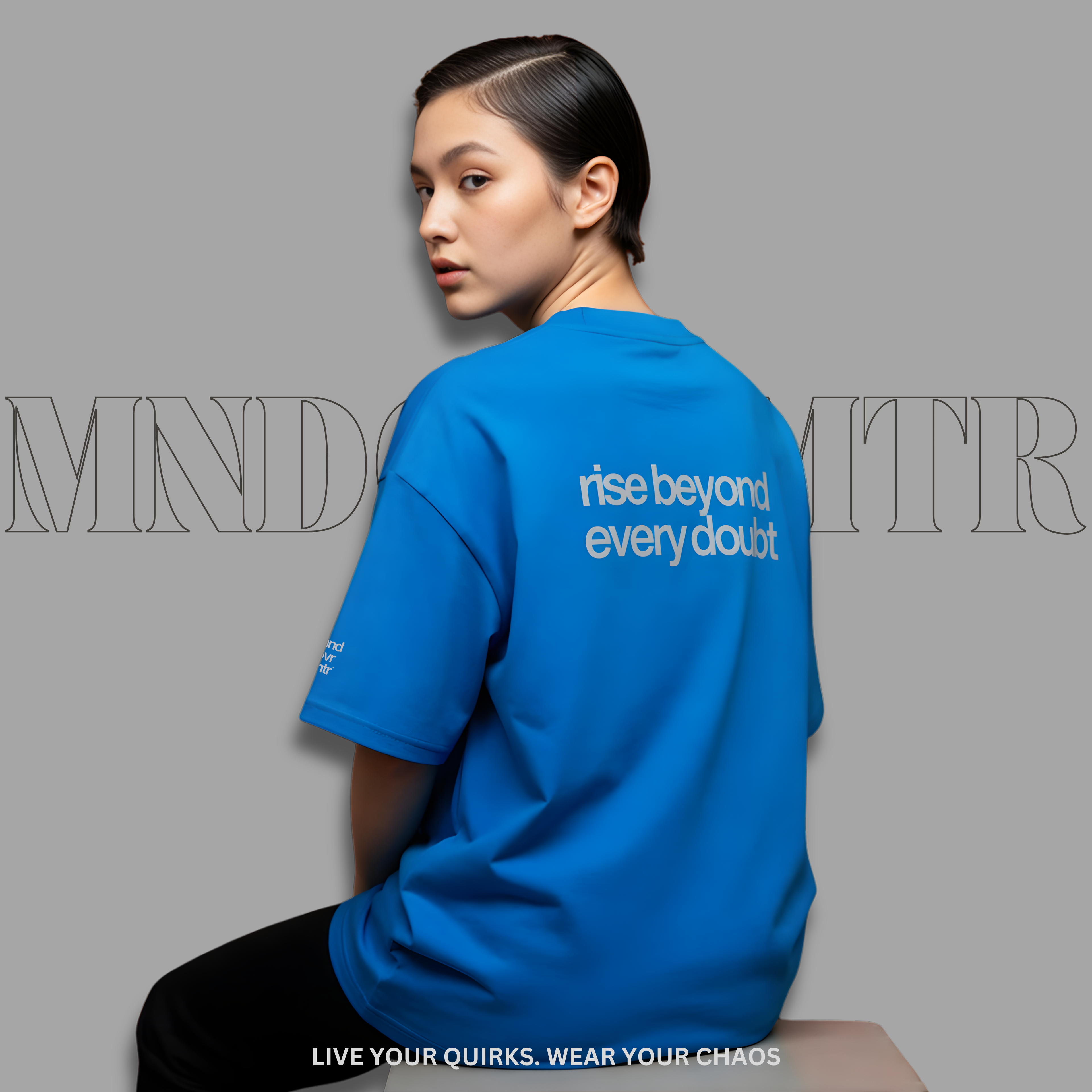 MNDOVRMTR™ 100% cotton t-shirt in blue - Rise Beyond Every Doubt back print