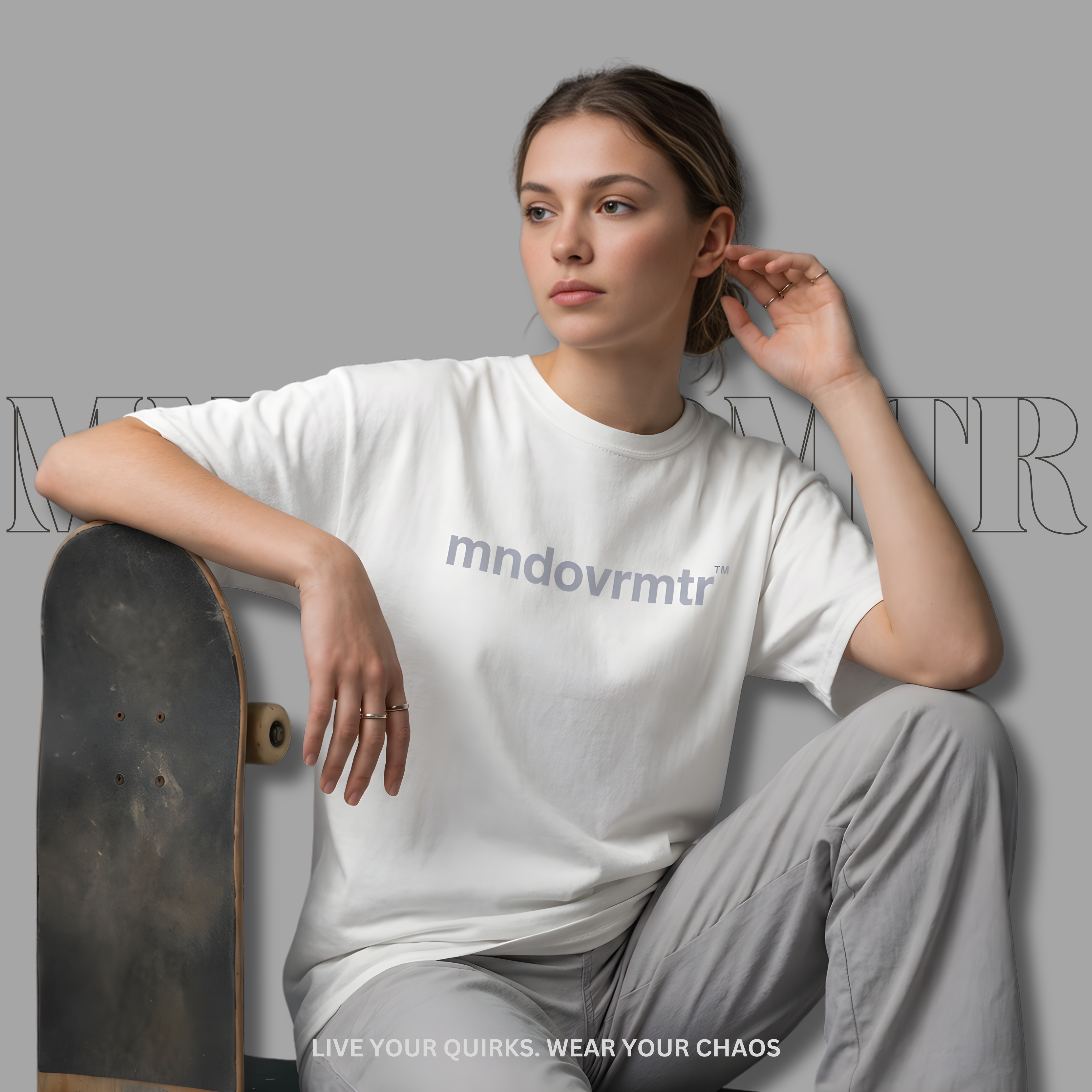 MNDOVRMTR™ 100% cotton t-shirt in white - minimalist streetwear tee, front logo