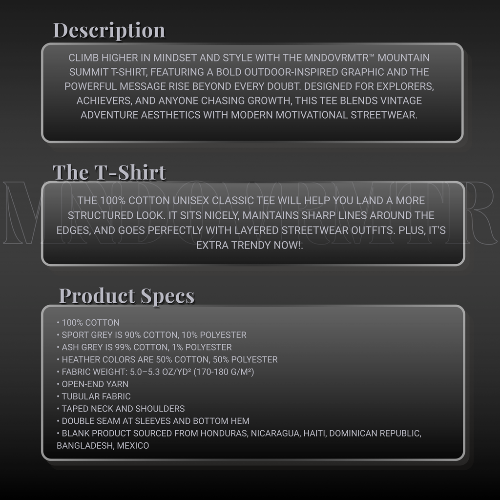 MNDOVRMTR™ mountain summit t-shirt - product description and specs, streetwear tee