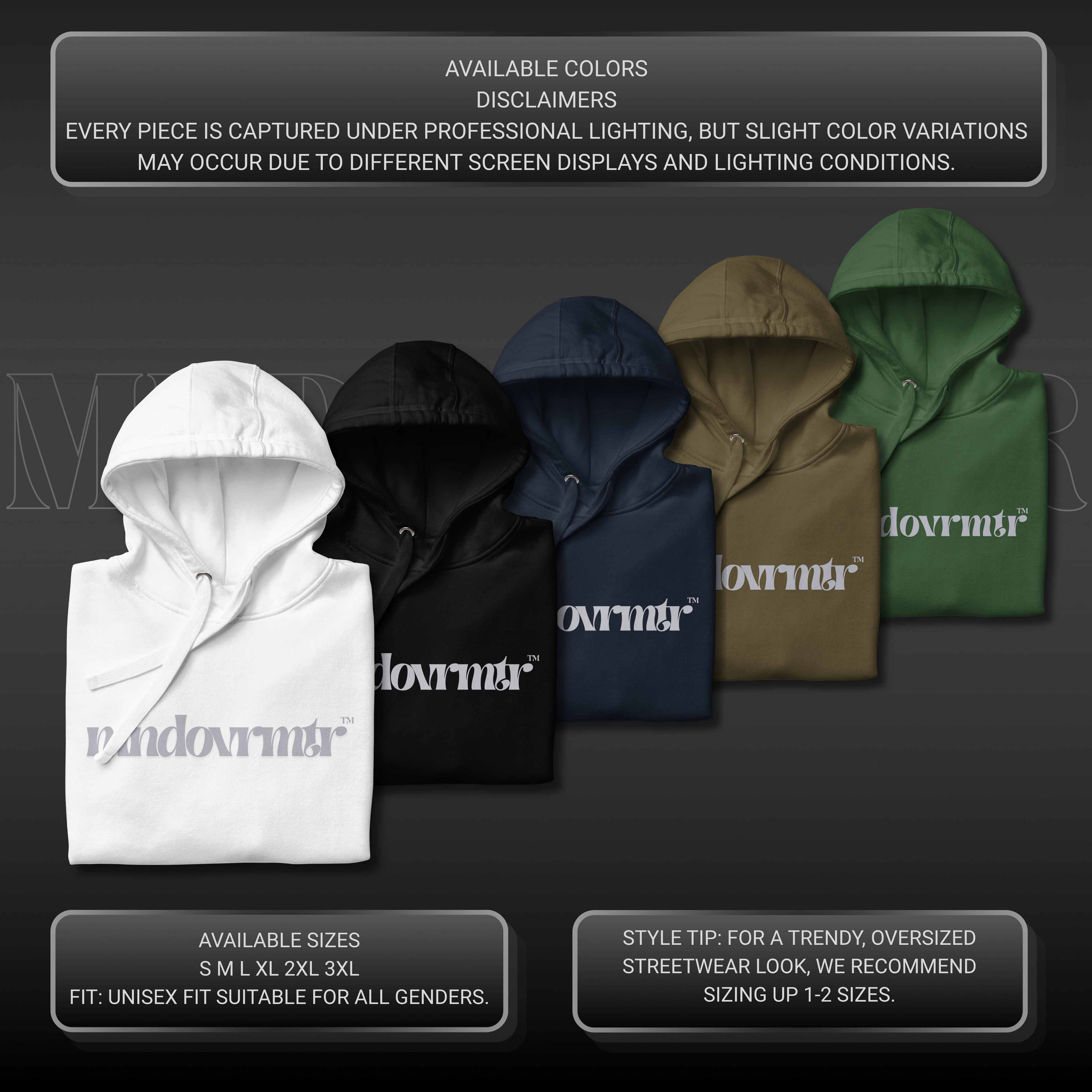 A promotional graphic showing five hoodies in different colors: white, black, navy, forest green, and military green. Each hoodie features a stylized gray logo on the chest.