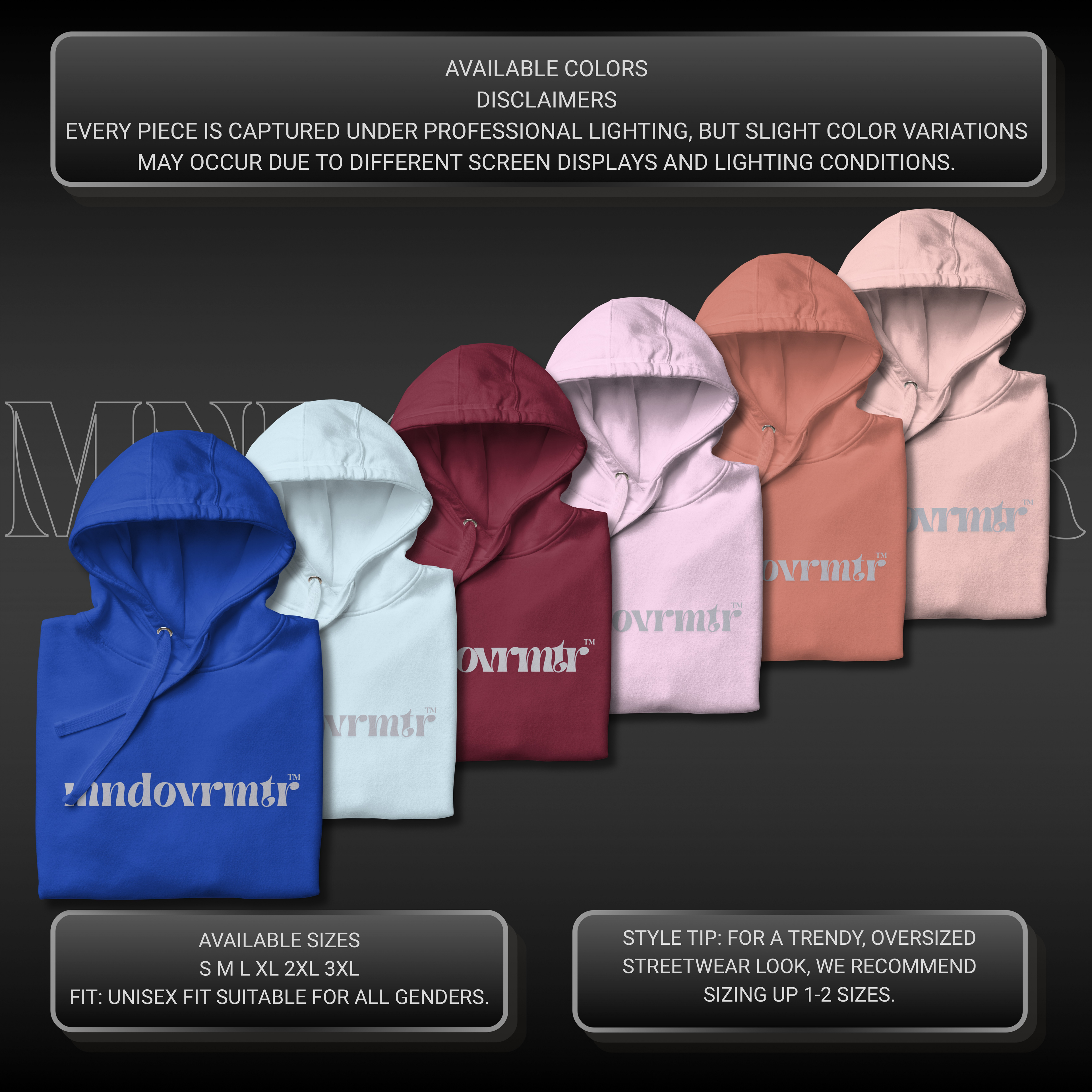 A promotional graphic showing six hoodies in different colors arranged in a row on a dark background, with text panels listing available colors, sizes, and a style tip. The hoodies appear in blue, very light blue, maroon, light pink, dusty rose, and lavender, each with a gray printed logo across the chest.