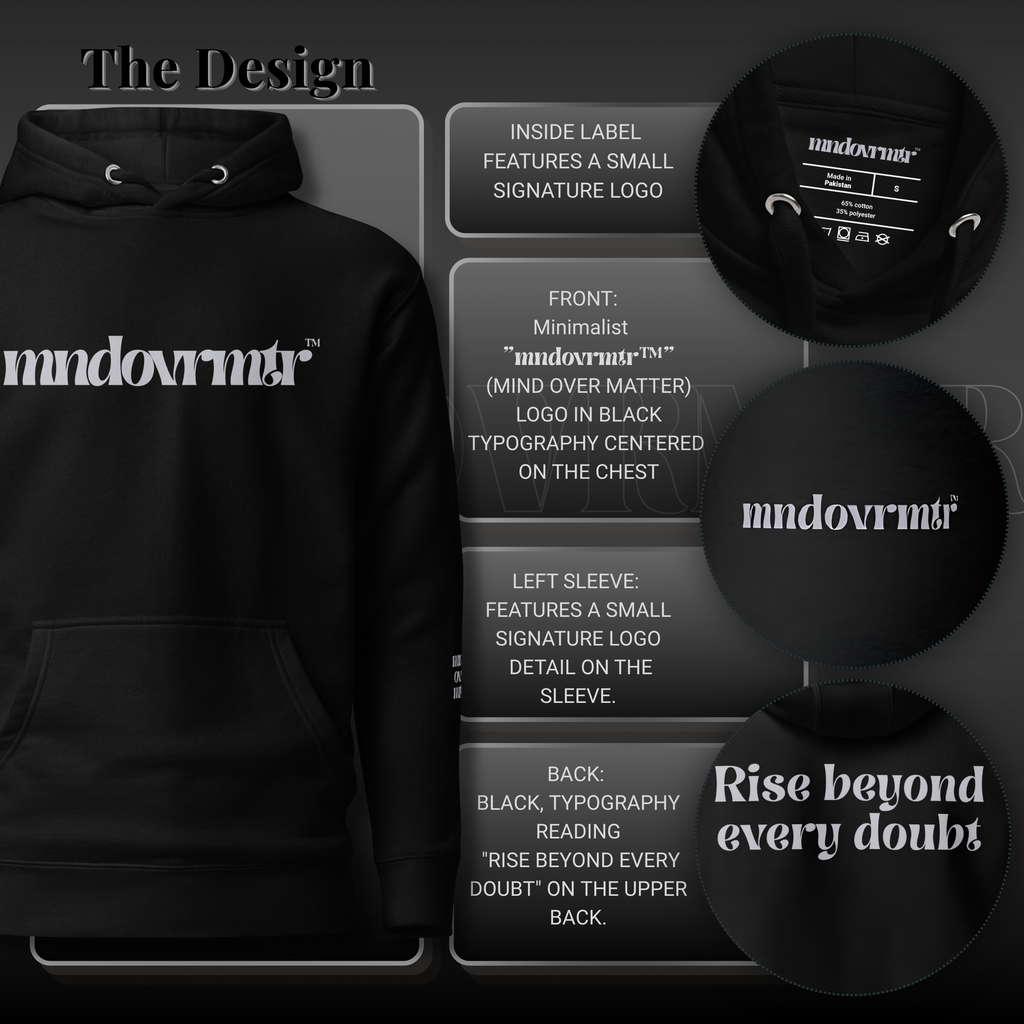 A black hoodie shown on a dark promotional graphic with text callouts describing the design details, including front chest logo, inside label, left sleeve, and back. The hoodie has a large white 'mndovrmtr' wordmark across the chest.