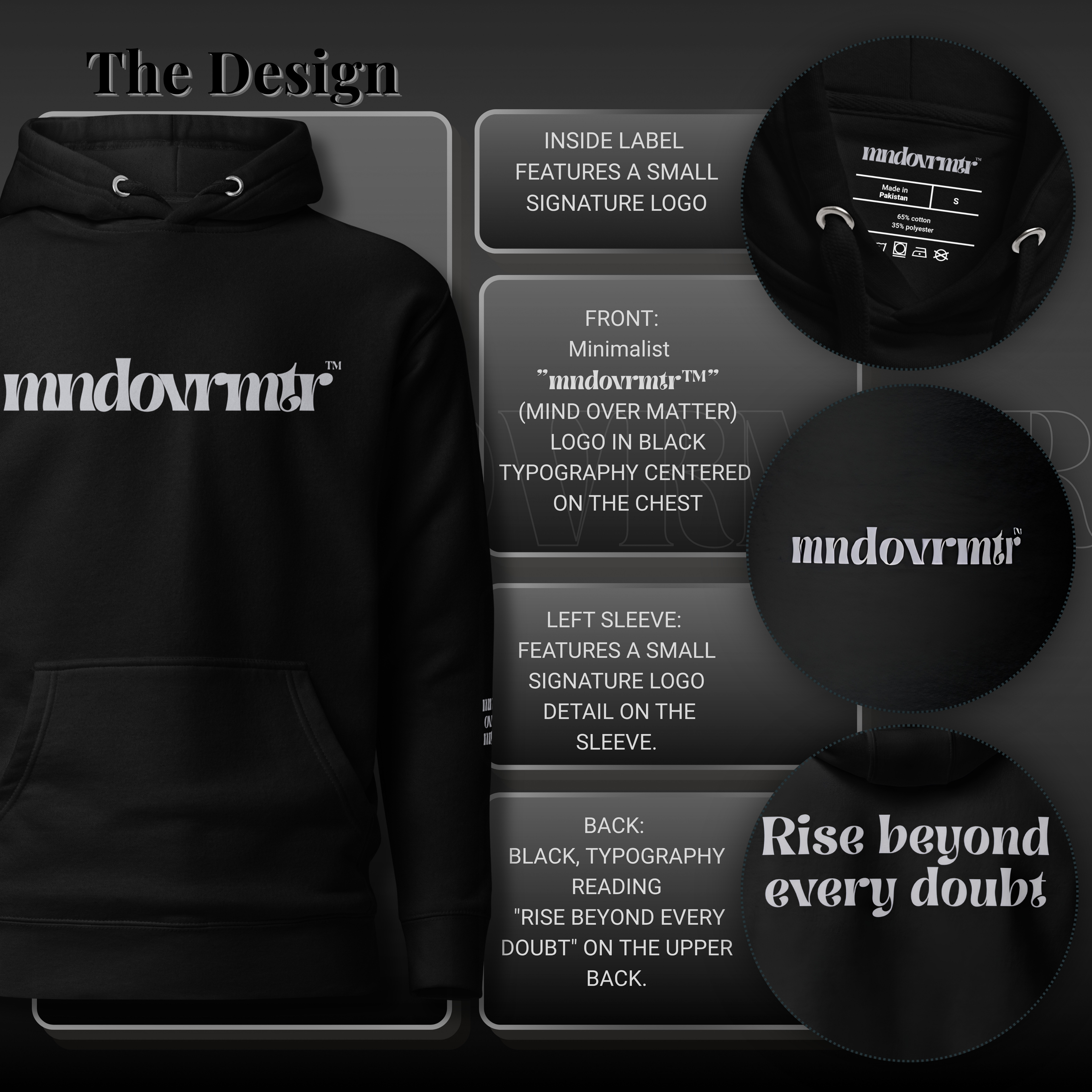 A black hoodie shown on a dark promotional graphic with text callouts describing the design details, including front chest logo, inside label, left sleeve, and back. The hoodie has a large white 'mndovrmtr' wordmark across the chest.