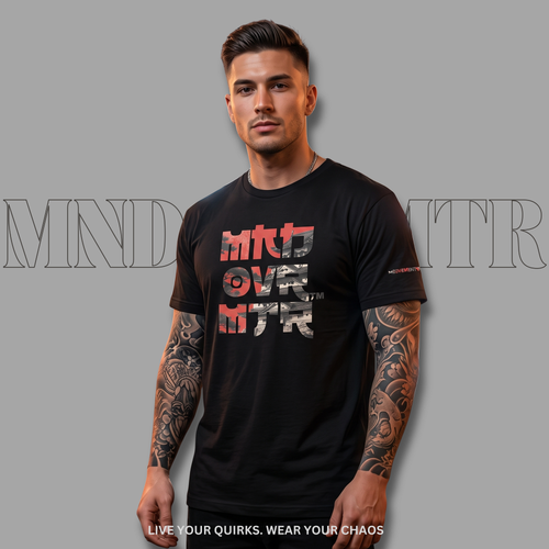 MNDOVRMTR™ stacked logo tee in black with Japanese castle and rising sun graphic