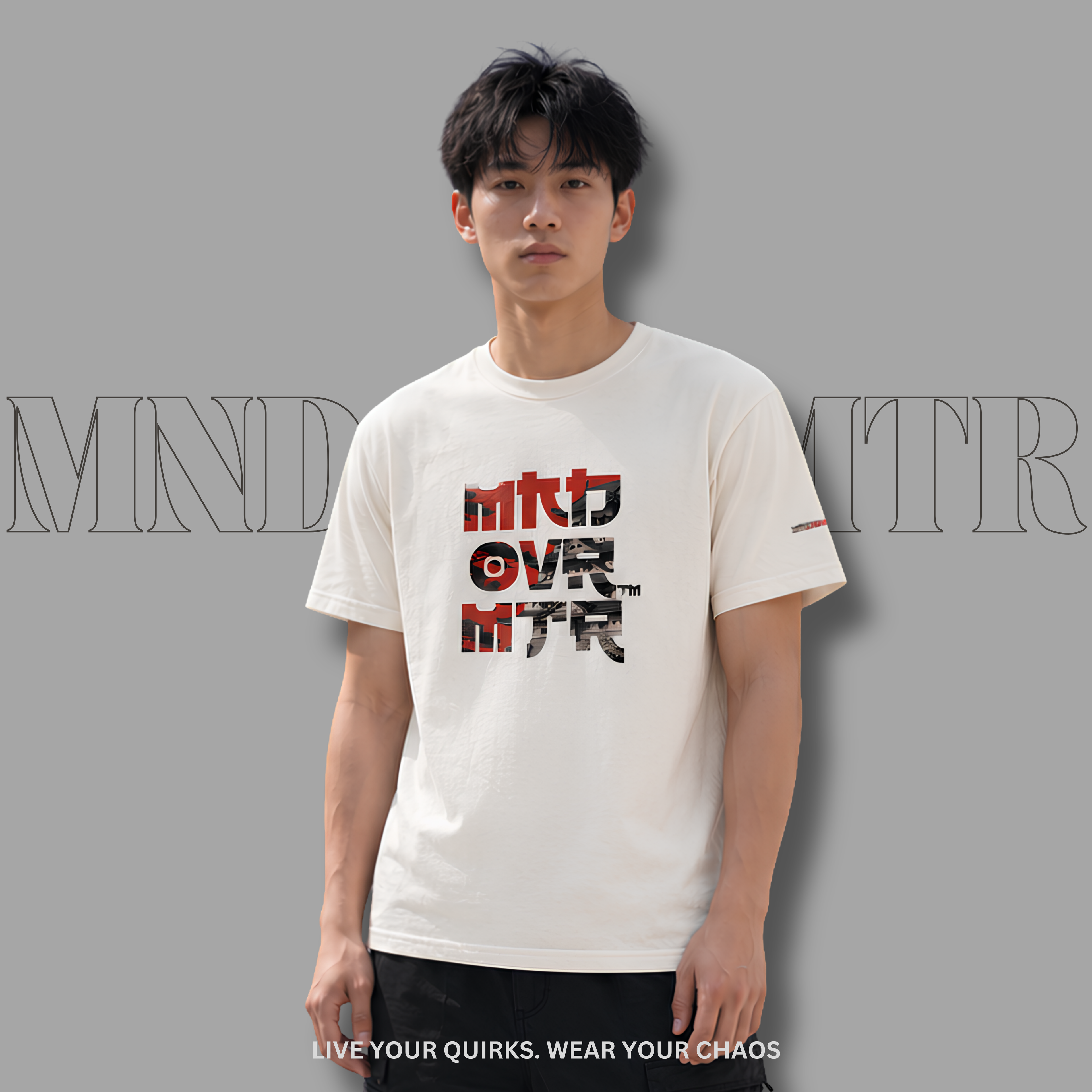 MNDOVRMTR™ stacked logo tee in natural colored cotton with Japanese castle and rising sun graphic