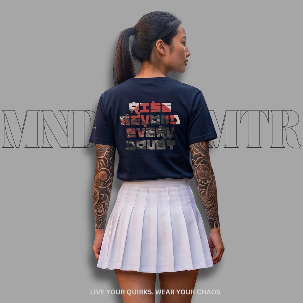 MNDOVRMTR™ Rise Beyond Every Doubt back print on navy cotton unisex tees