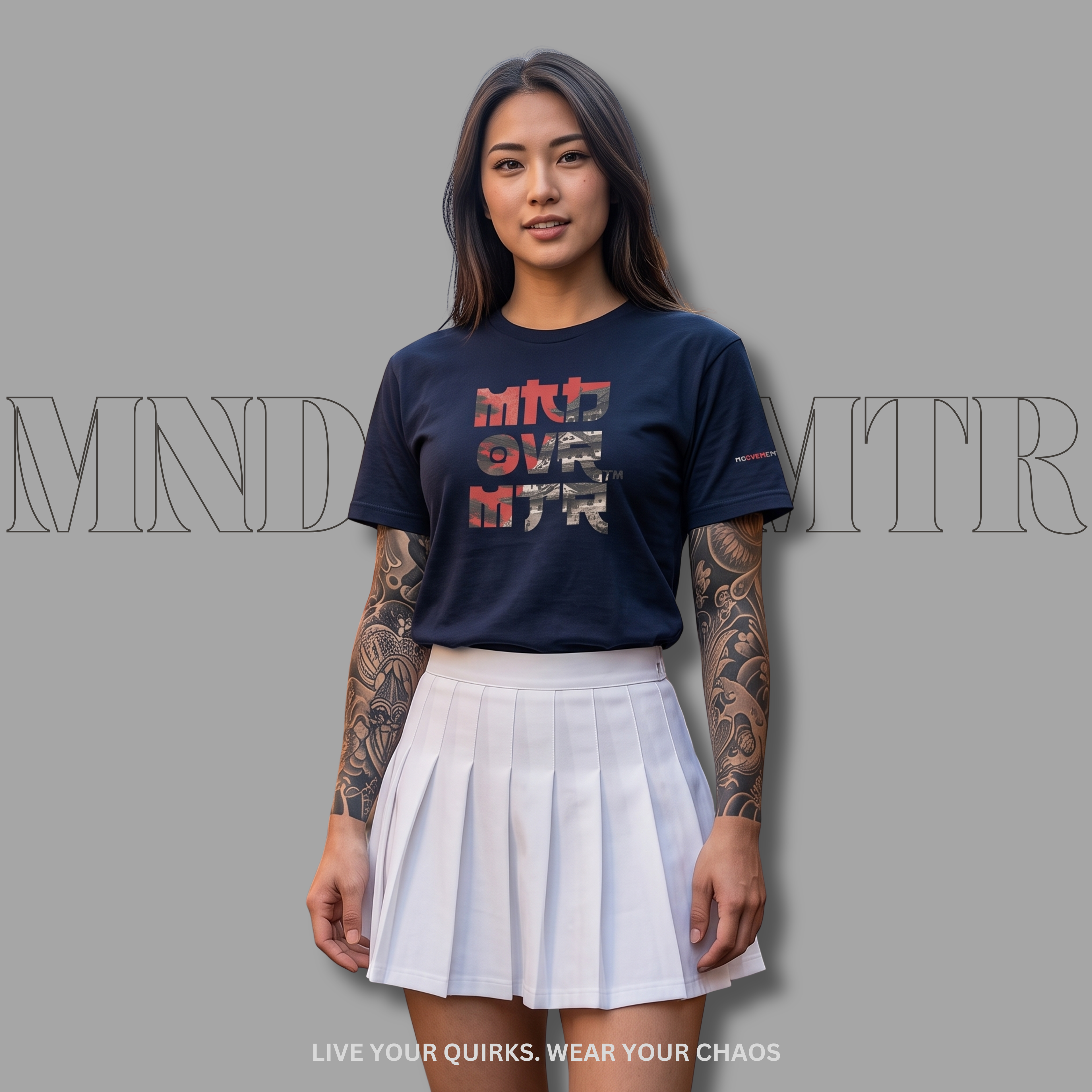MNDOVRMTR™ stacked logo tee in navy with Japanese castle and rising sun graphic