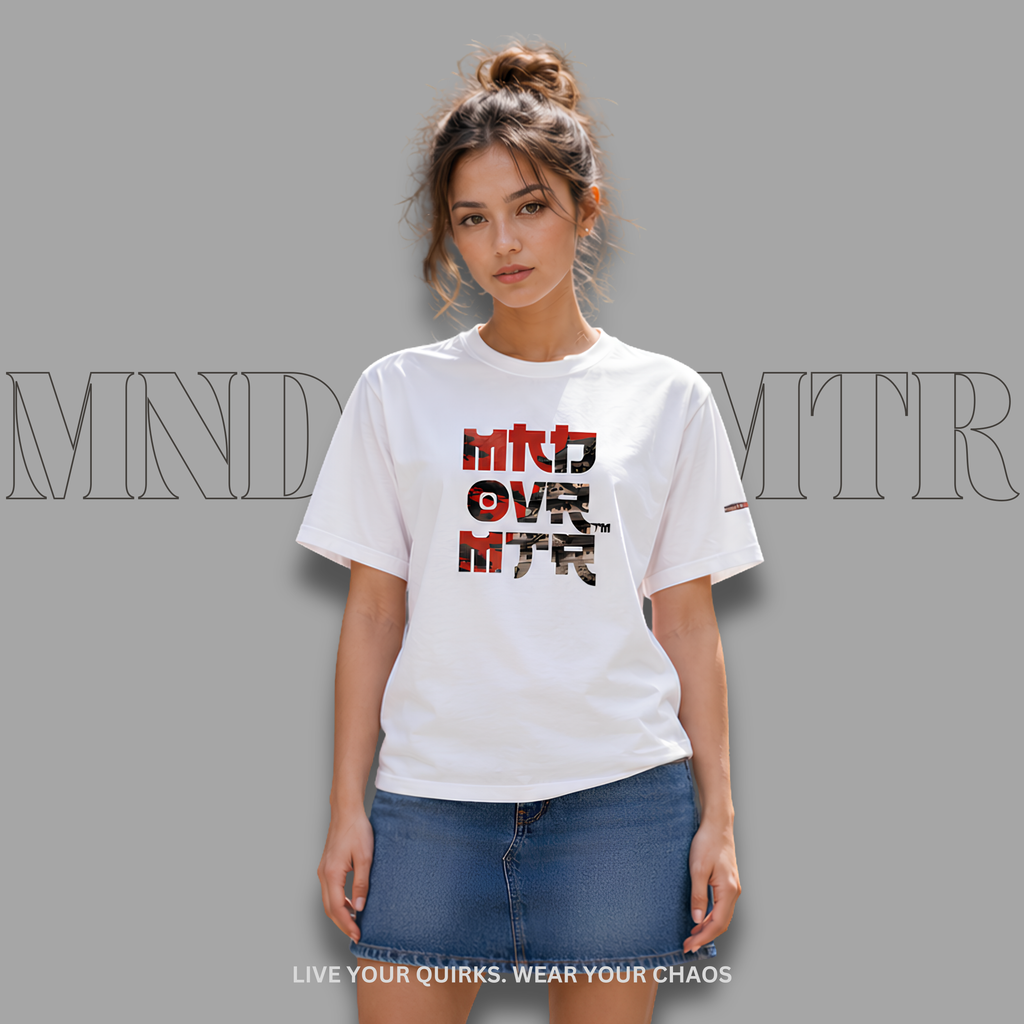 MNDOVRMTR™ stacked logo tee in white with Japanese castle and rising sun graphic
