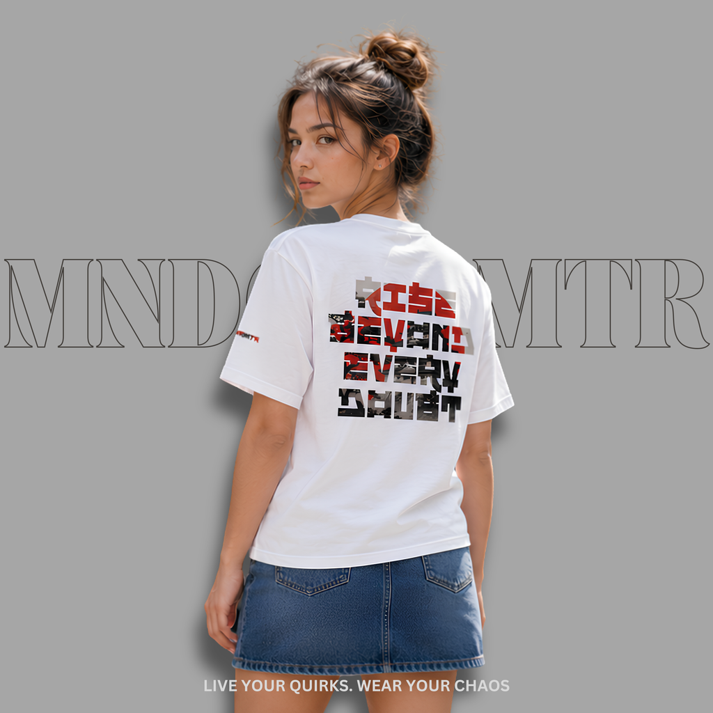 MNDOVRMTR™ Rise Beyond Every Doubt back print on white, cotton unisex tees